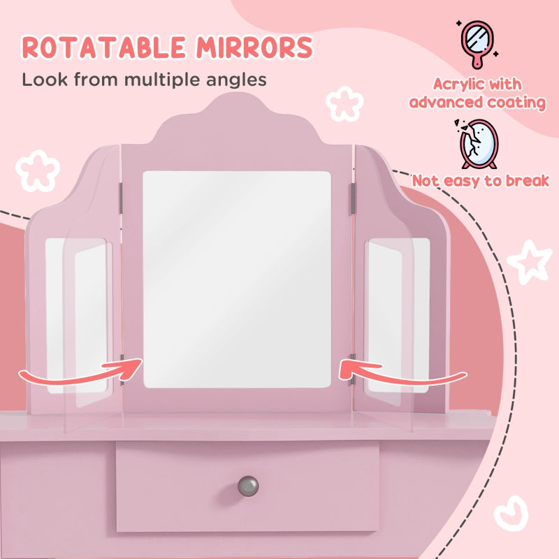 Kids Vanity Table and Chair Set with Tri-Folding Mirror, Stool, and Drawer, Pink