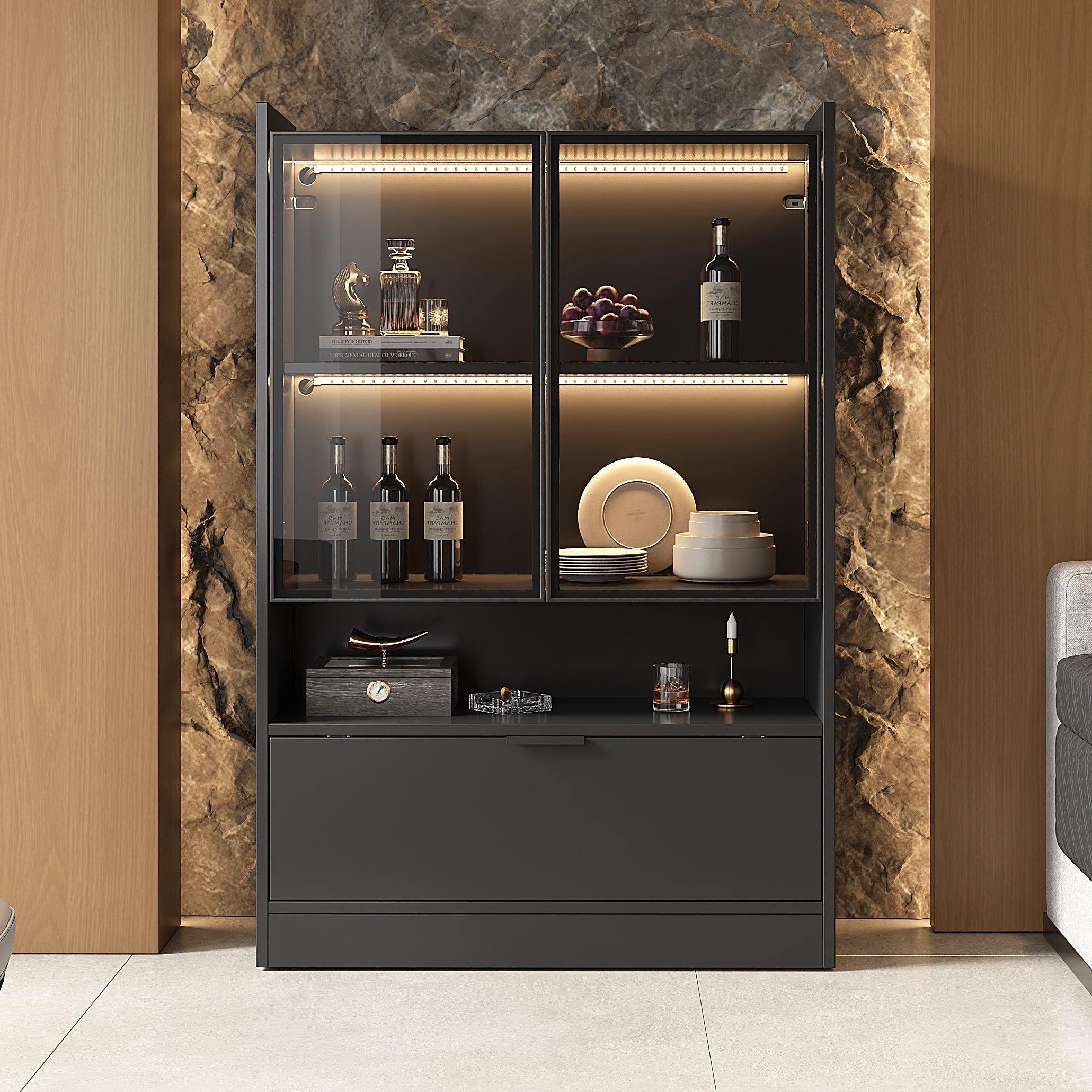 Modern LED Display Cabinet 120cm High 16-Color Lighting Glass Doors, Matte Black Chipboard