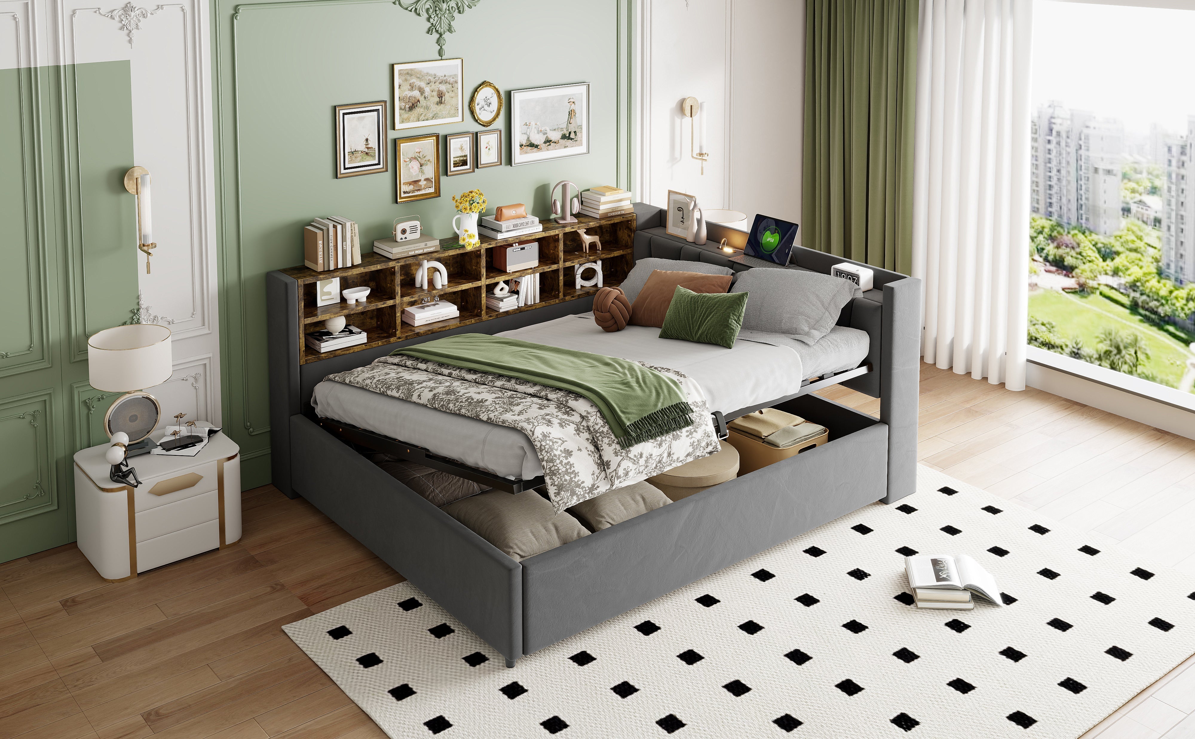 Upholstered Bed/Sofa Bed 140x200 Hydraulic Storage USB Night Light Velvet Dark Grey