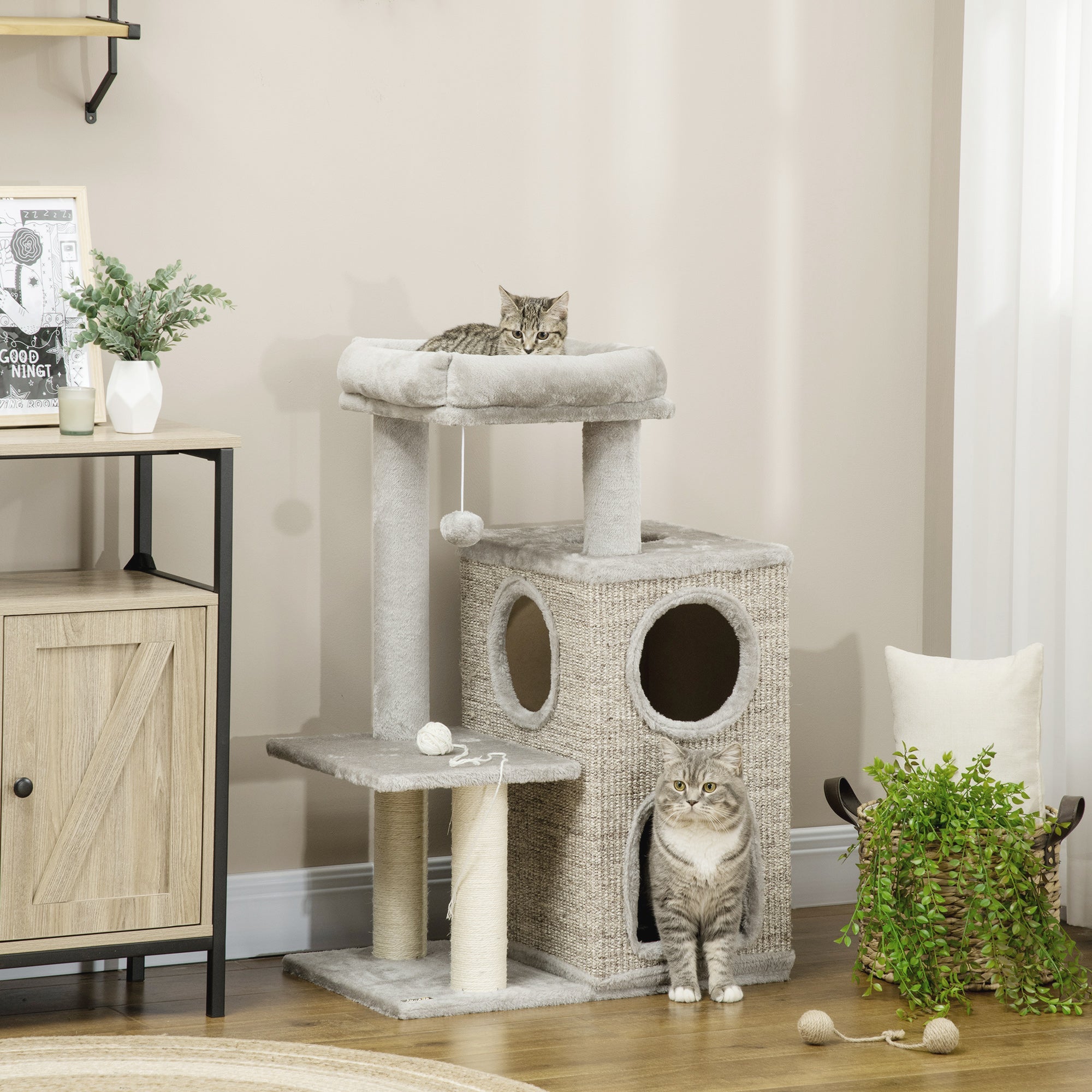 Cat Scratching Post, 2 Cat Caves, Sisal Column, Play Platform, Light Grey