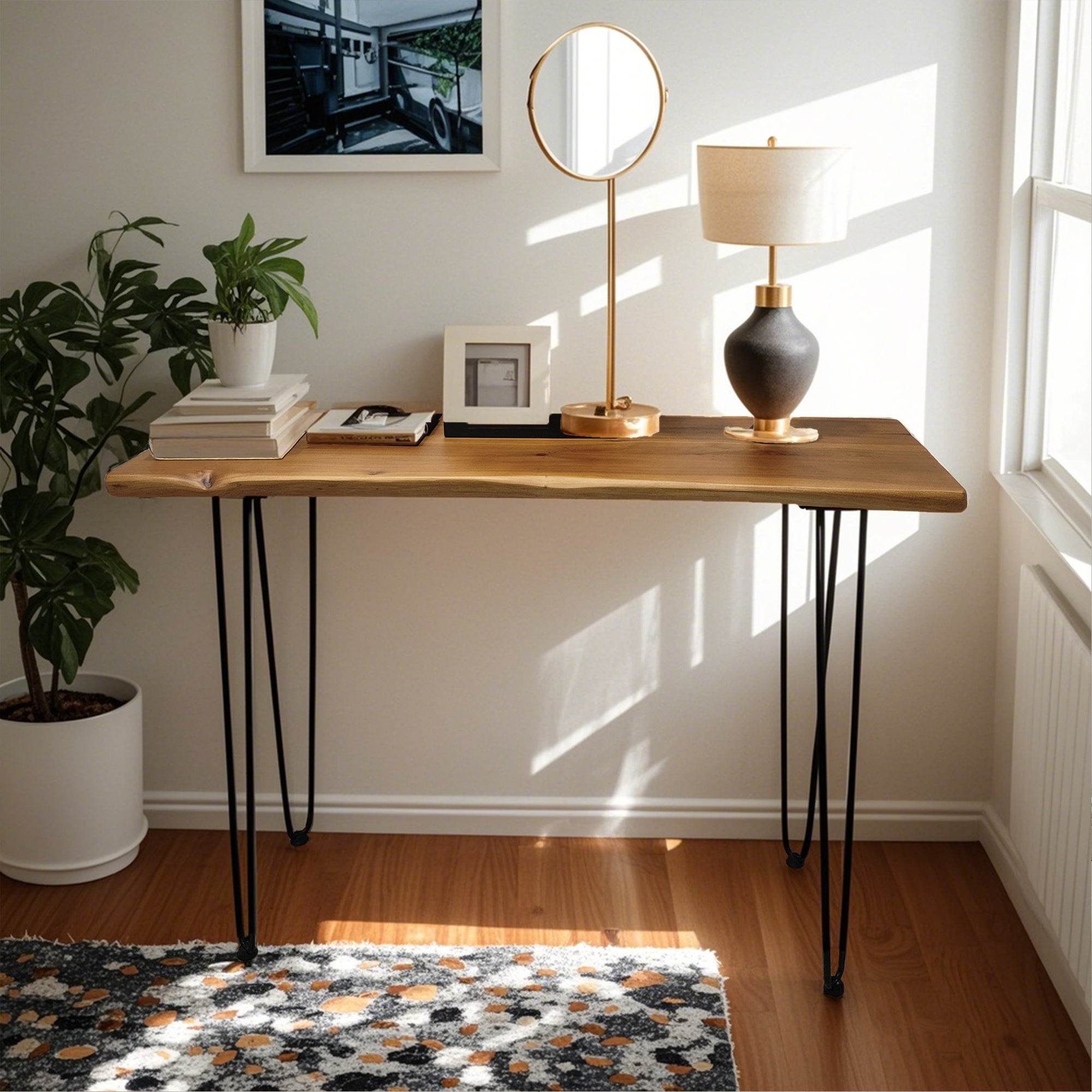 Coffee Table, 108 cm Rectangular Industrial Design with Hairpin Metal Legs, Solid Wood