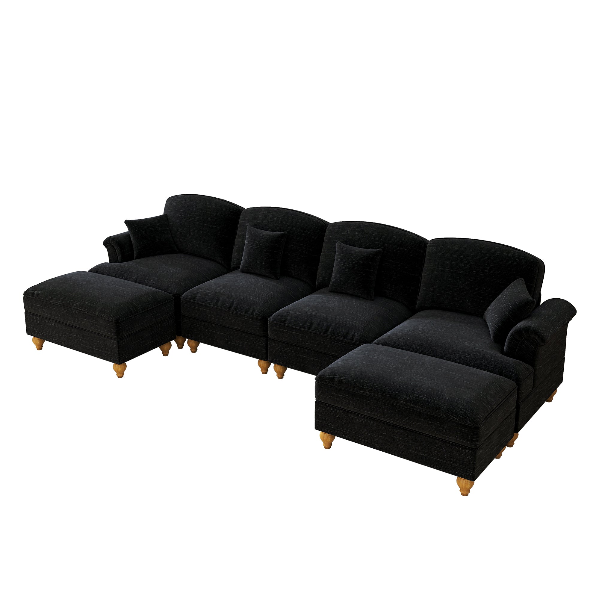 Classic U-shaped Modular Sofa 4-Seater Movable Ottoman Removable Apron - Chenille Black
