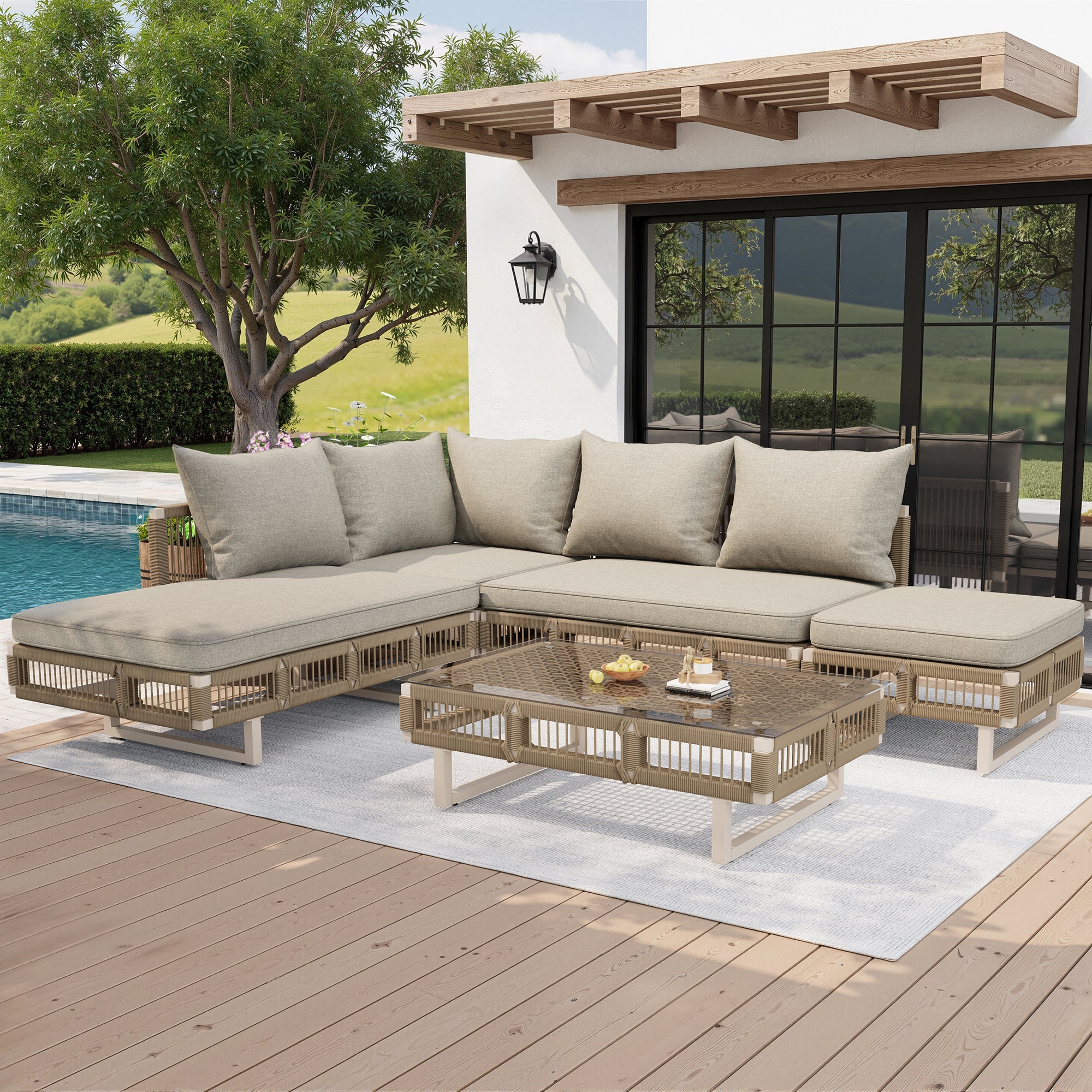 Modular Garden Furniture Set with 10cm Thick Cushions and Glass Coffee Table, Rope Weave, Beige/Green