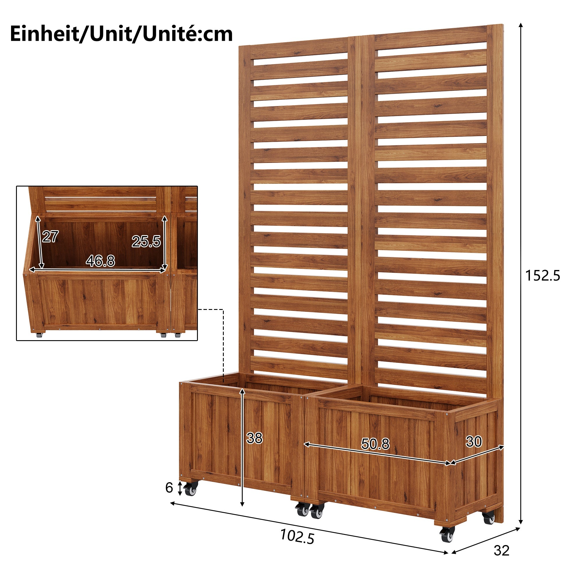 Planter Box with Trellis & Folding Wheels - Brown Solid Wood
