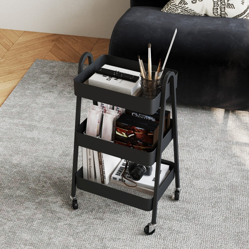 Serving Cart with 3 Levels, Wheels & Brake, Black