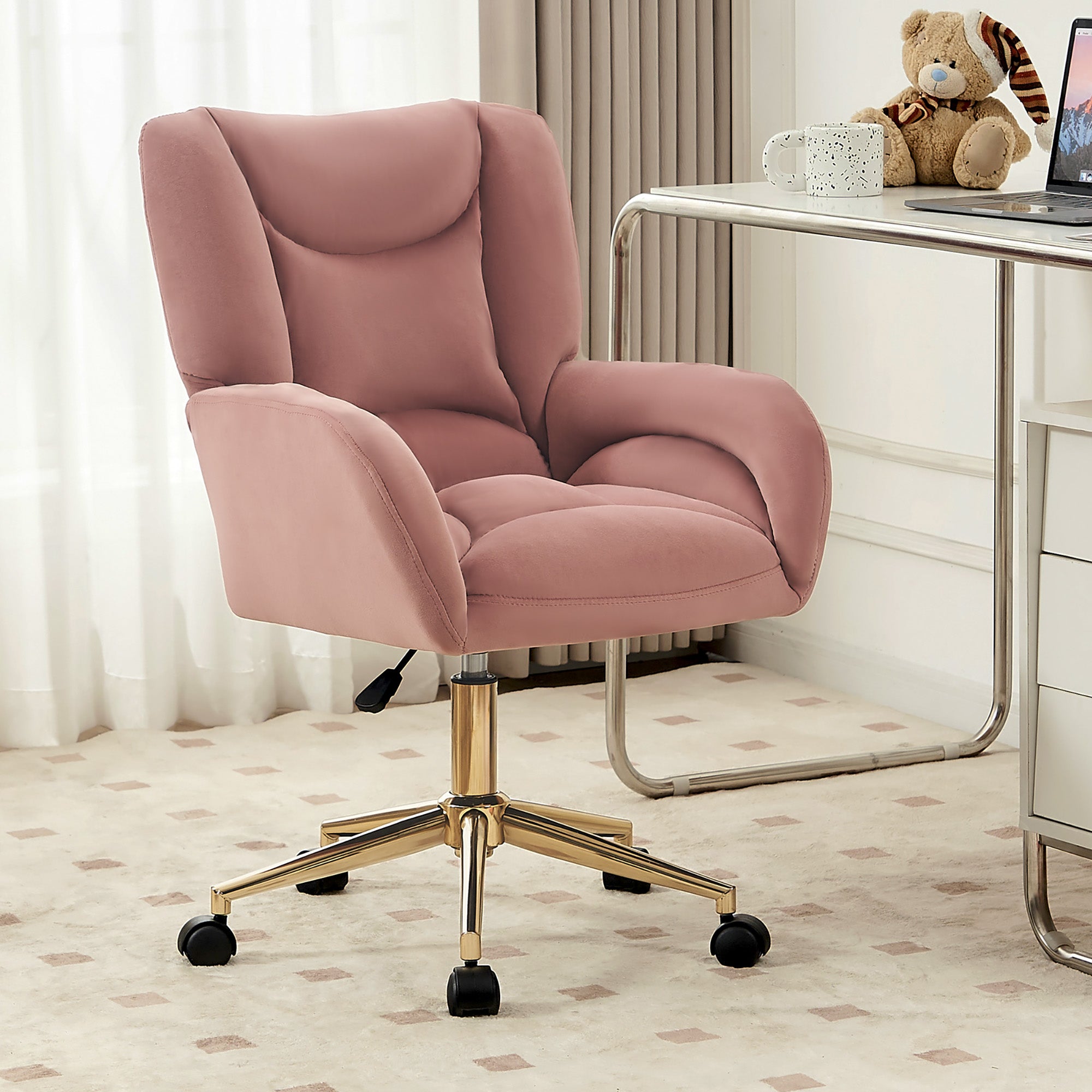005 Swivel Chair Height-Adjustable Home Office Gold Legs, Velvet Pink