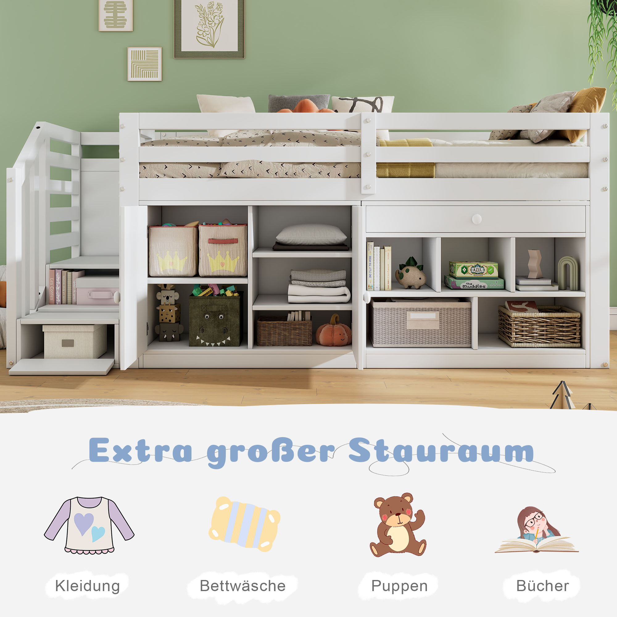 Multifunctional Children's Bed with Stairs, Storage and Reversible Desk, 90x200cm, White Wood