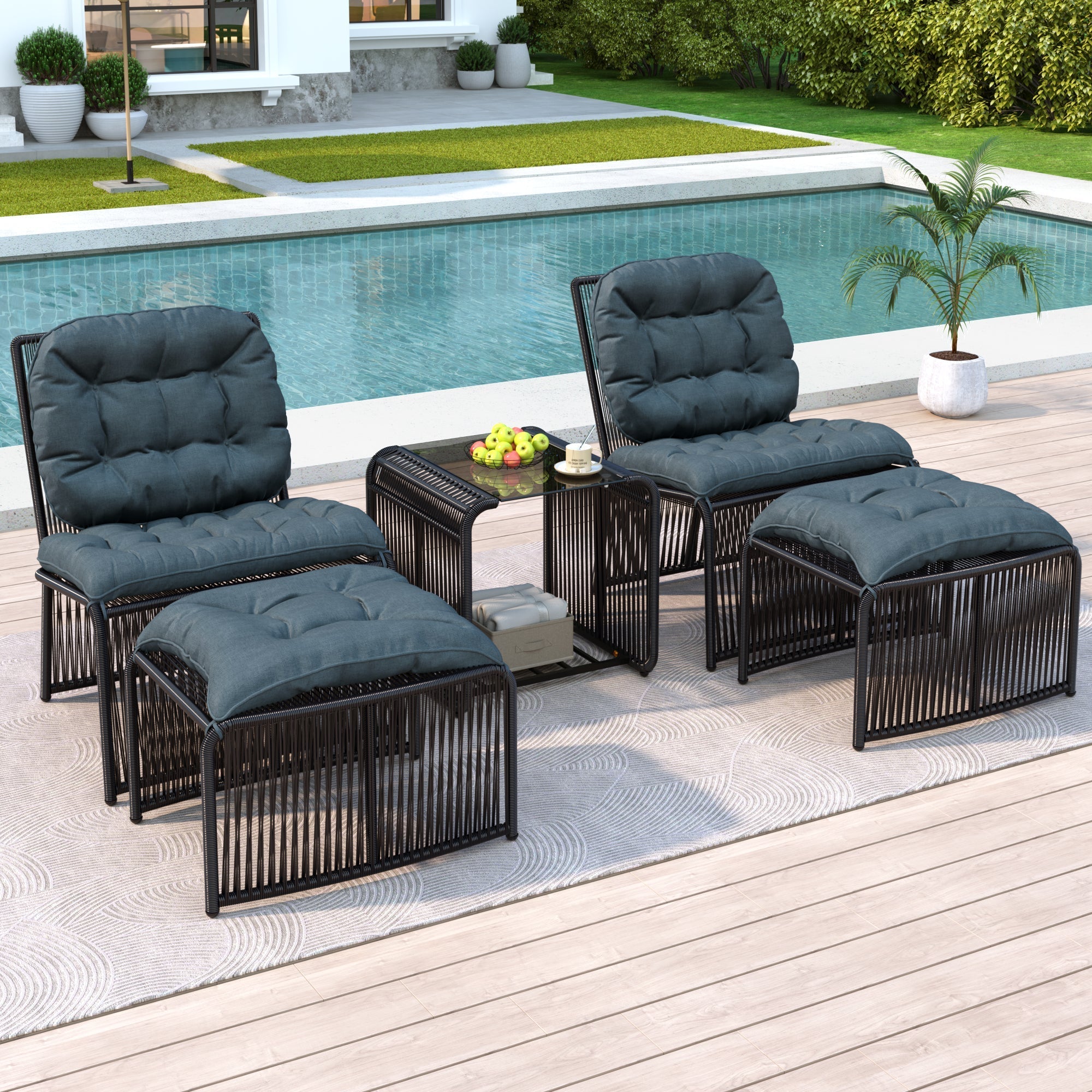 5-Piece Outdoor Garden Furniture Set with Table, 2 Chairs, 2 Stools and Glass Top, PE Rattan and Iron Frame