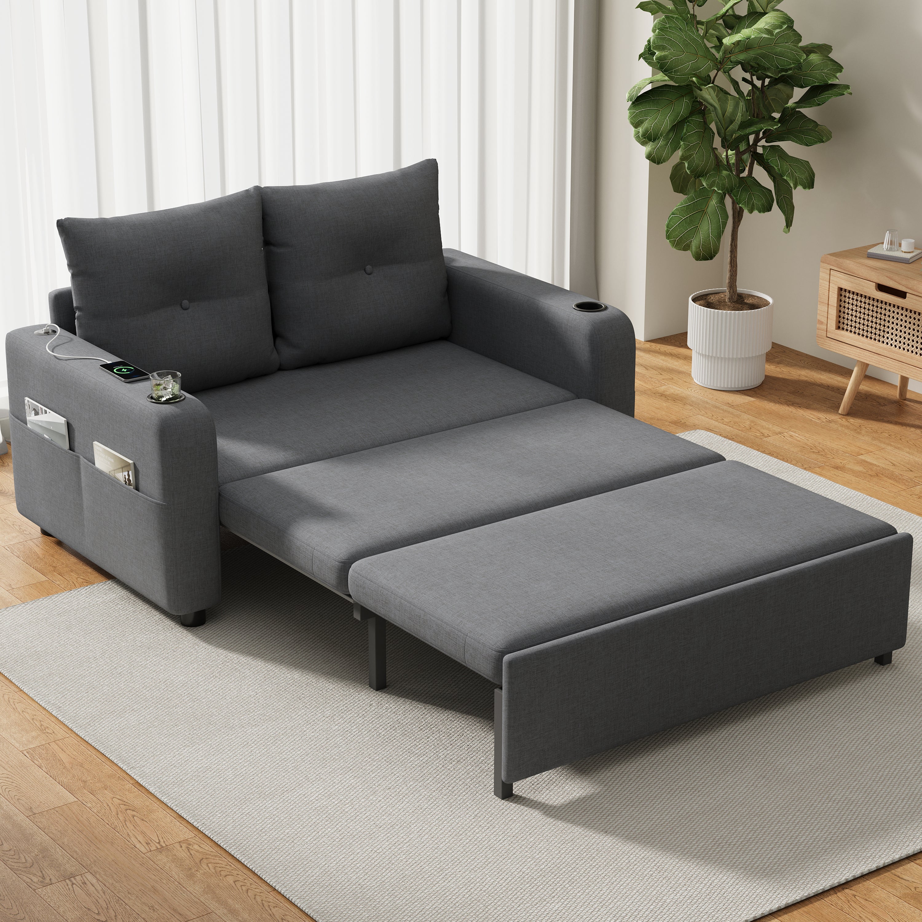 3-in-1 Sleeper Sofa with Pull-Out Bed, Cup Holder, USB Port and Side Pockets, Grey