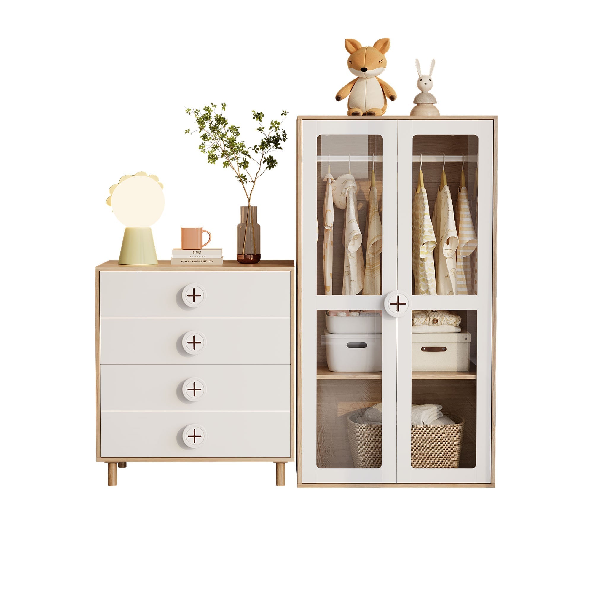 Wardrobe and Chest of Drawers Combination Set, Lacquered Panels and Chipboard, White