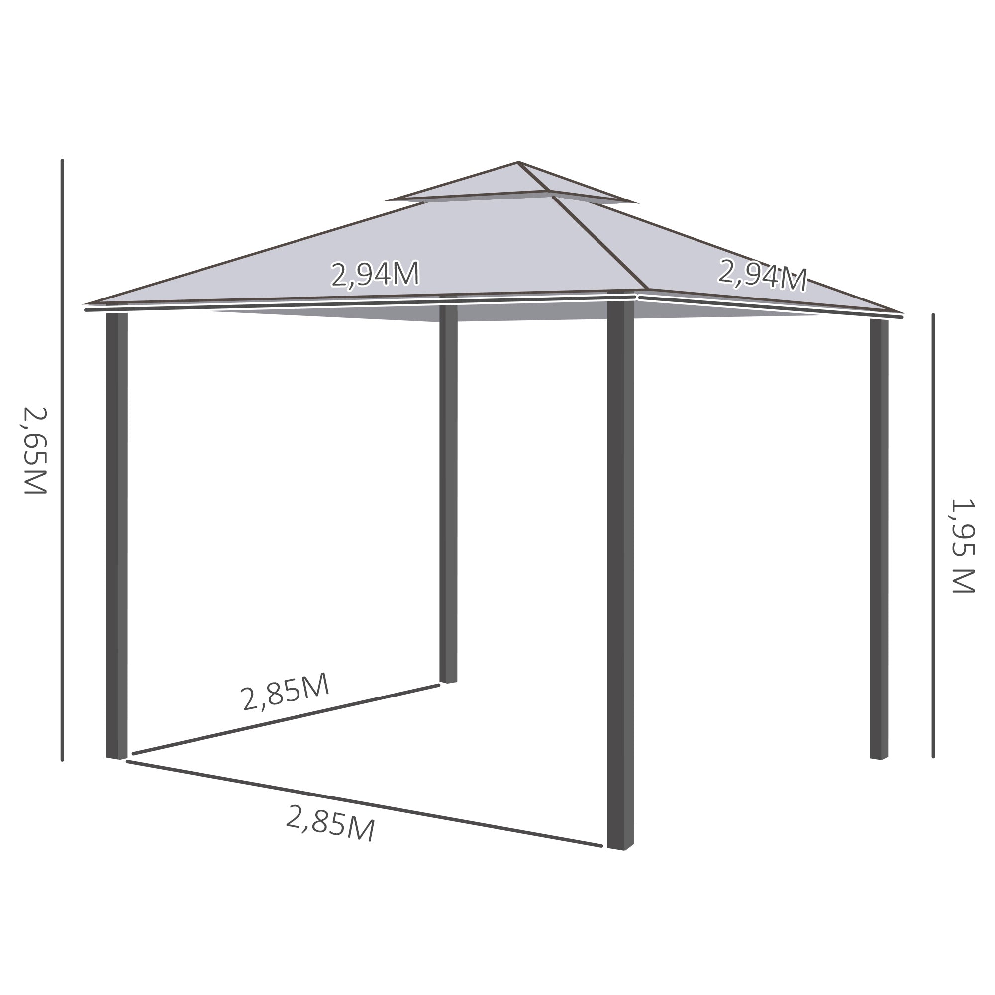 Garden Pavilion Party Tent 3x3m 4 Side Walls Weatherproof Metal/Polyester Light Grey