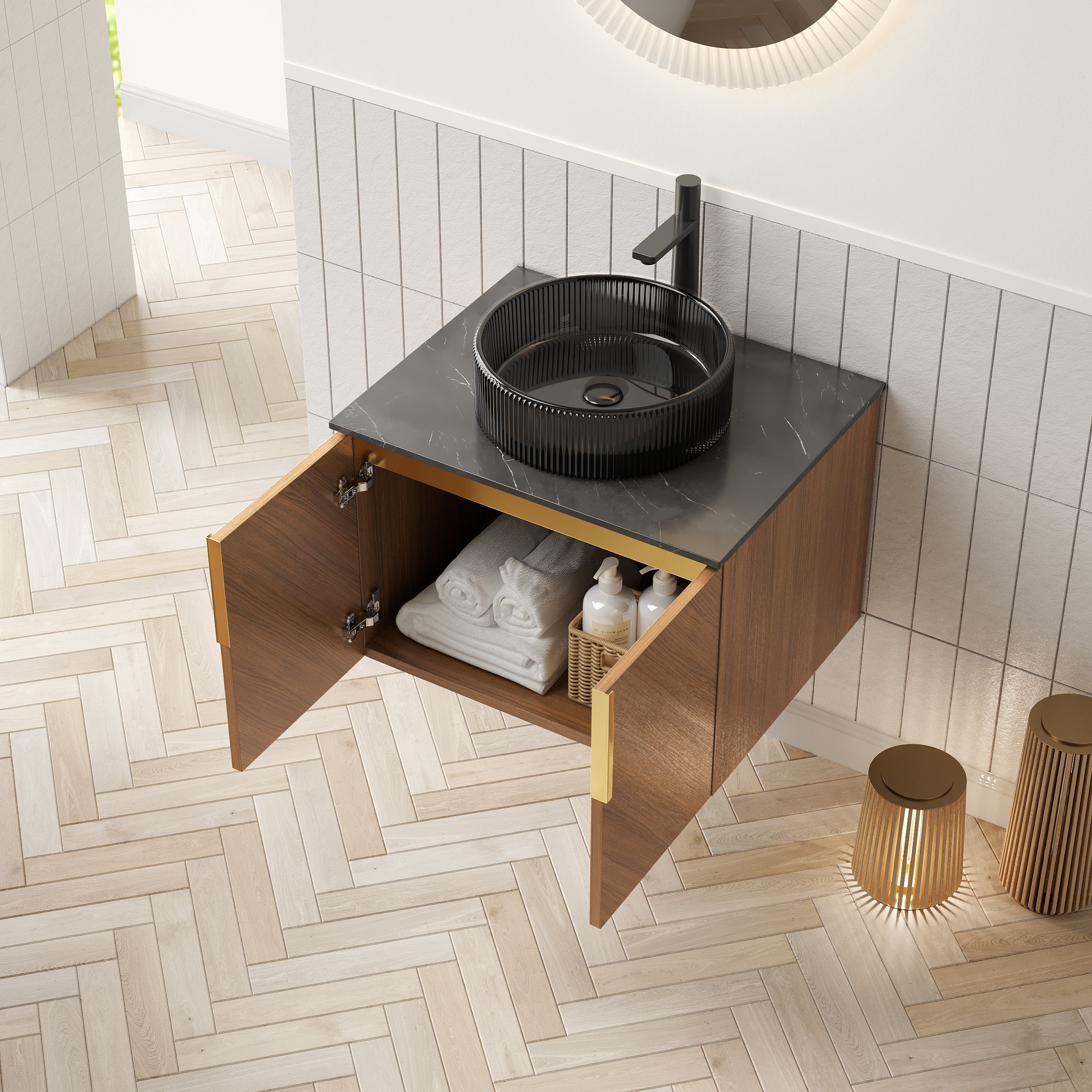 ARAI 61cm Wall Mount Bathroom Vanity with Black Round Glass Basin and 2 Doors, Espresso Wood Grain