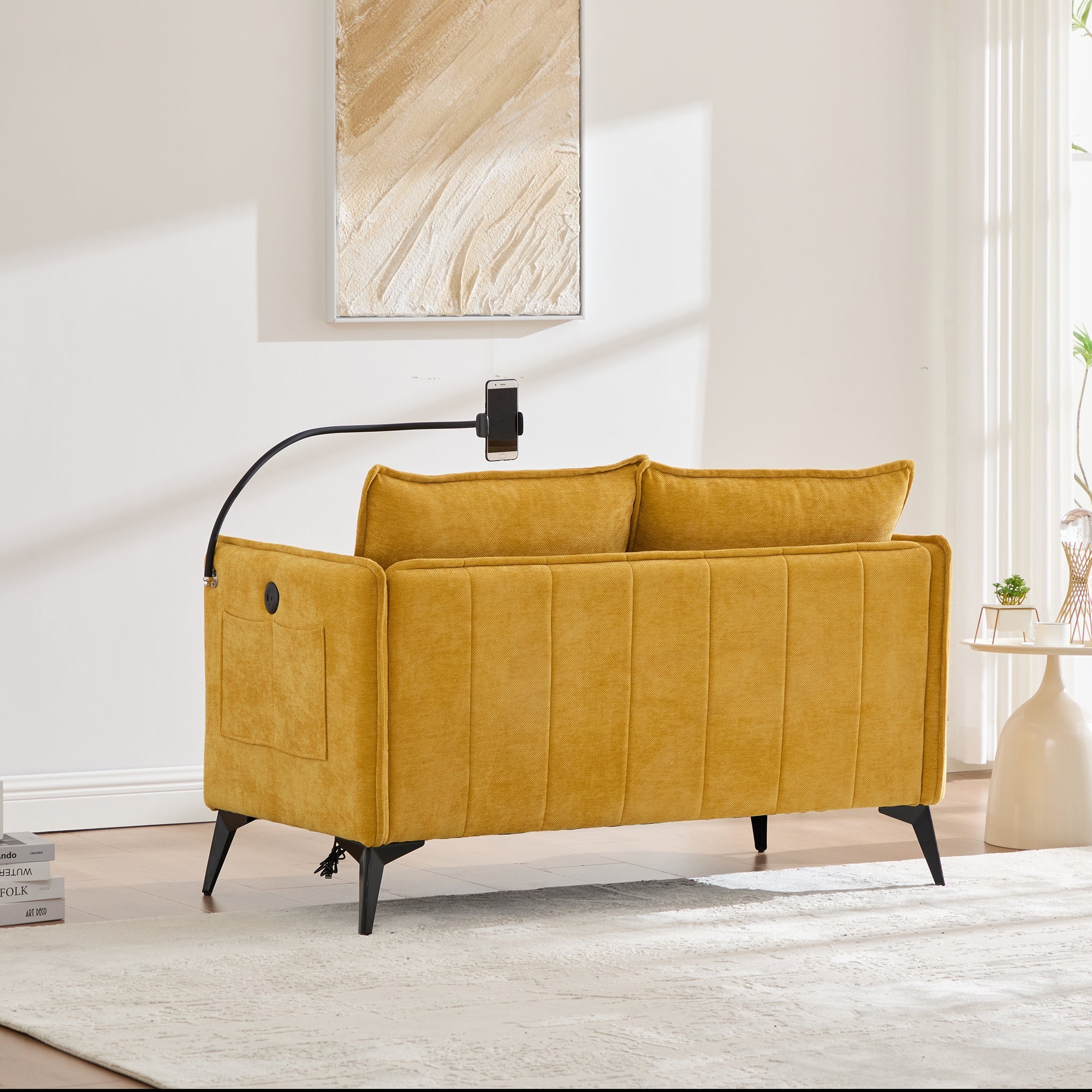 Modern Double Sofa with Storage Side Pocket and Adjustable Phone Holder, Fabric