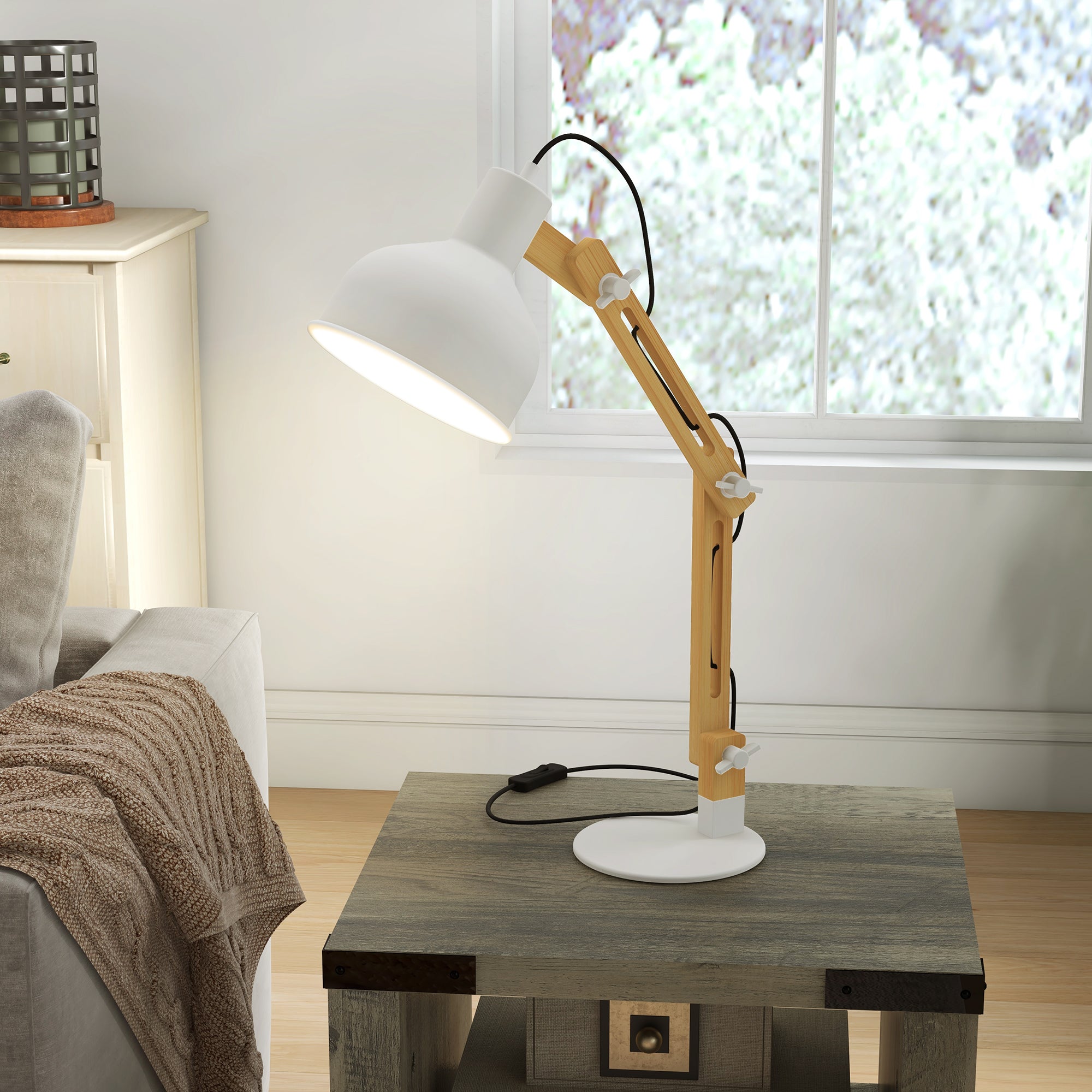 Vintage-Style Desk Lamp, Adjustable Swivel Arm, Bamboo White/Natural