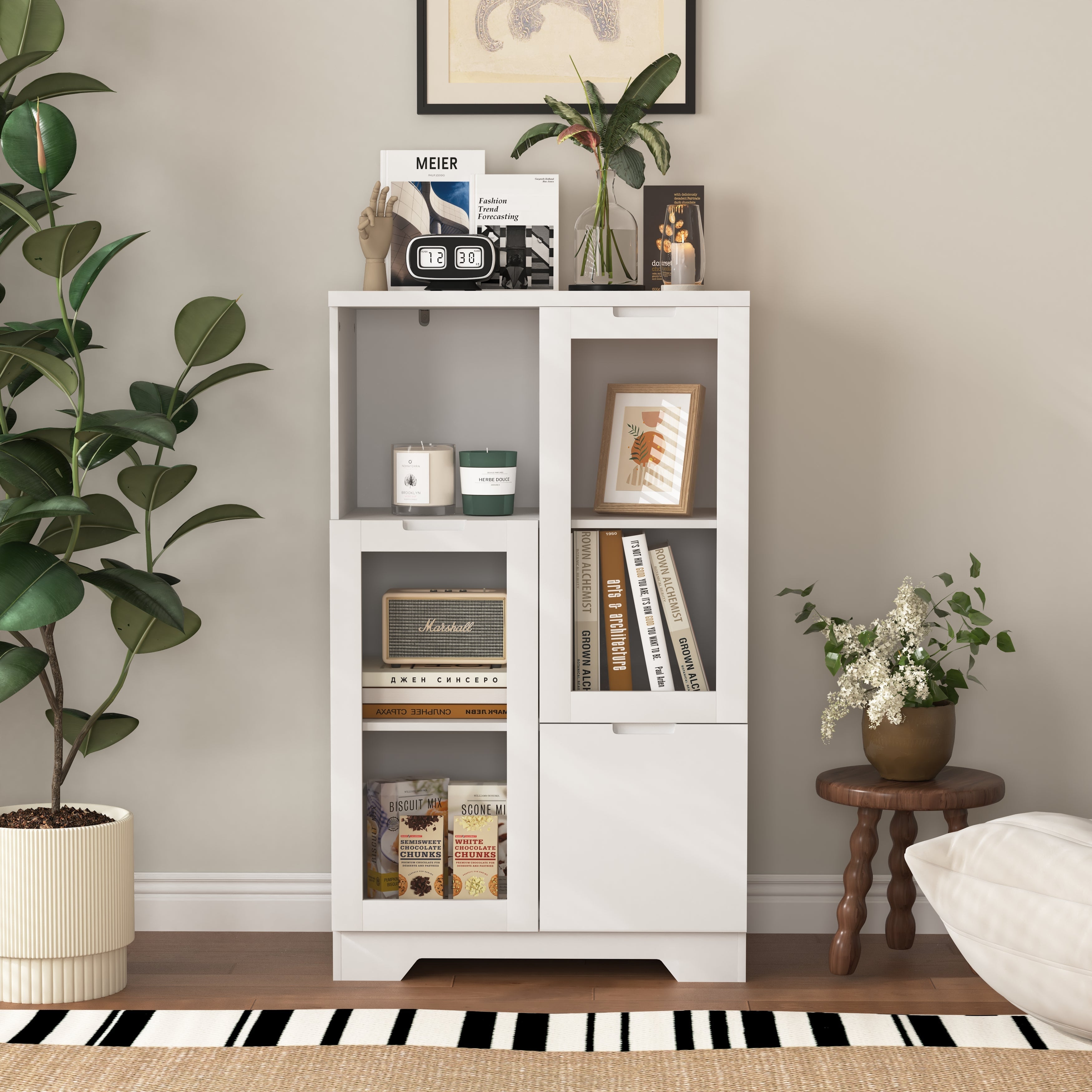 MDF Storage Cabinet with Glass Doors and Drawer, White