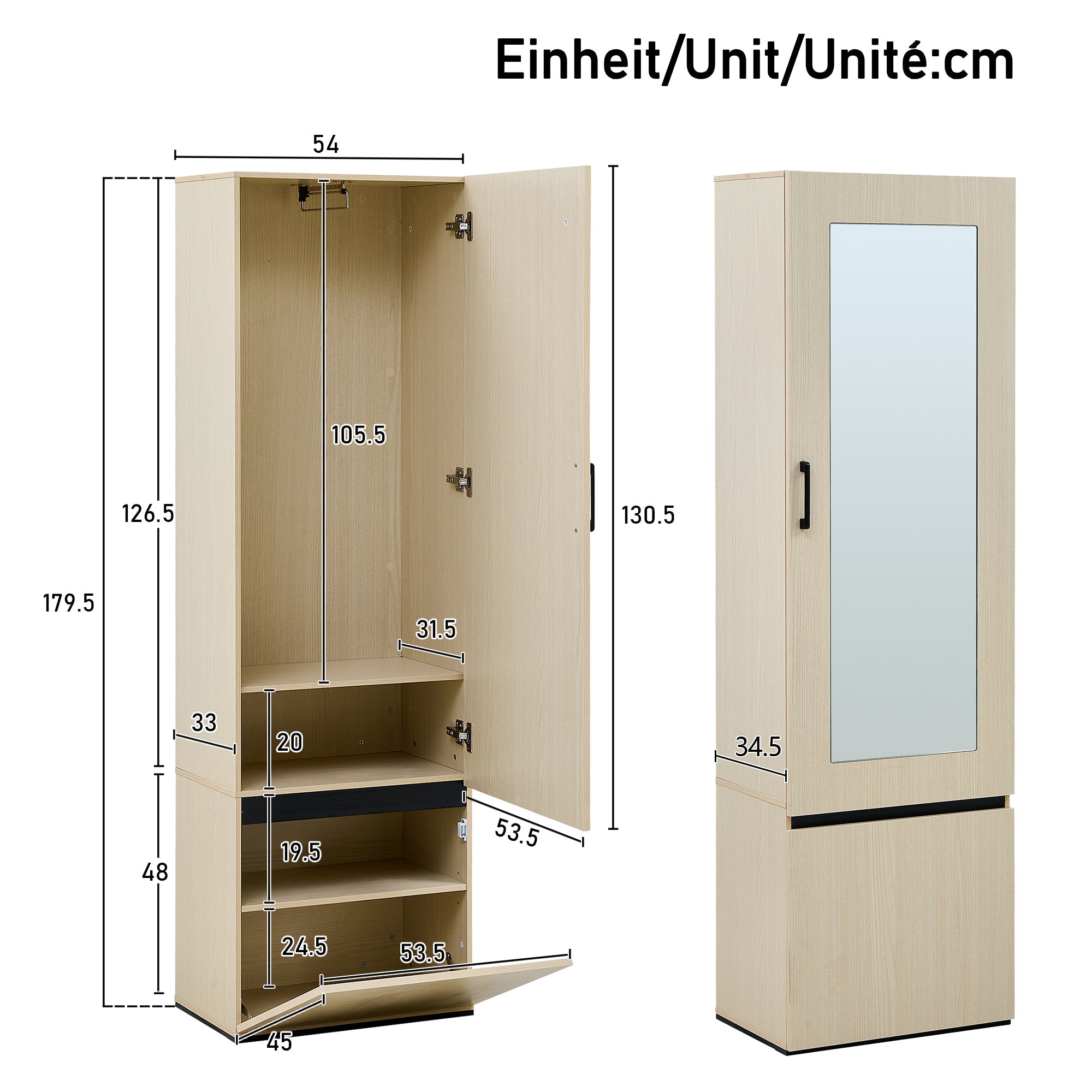 Wardrobe Narrow, Mirror & Pull-Out Rail, Space-Saving MDF