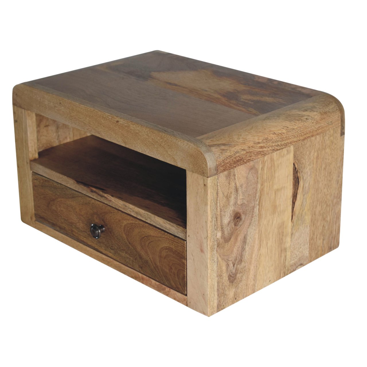 Solid Wood Chunky Floating Bedside, 1 Drawer & Open-Shelf, Oak-ish Brown
