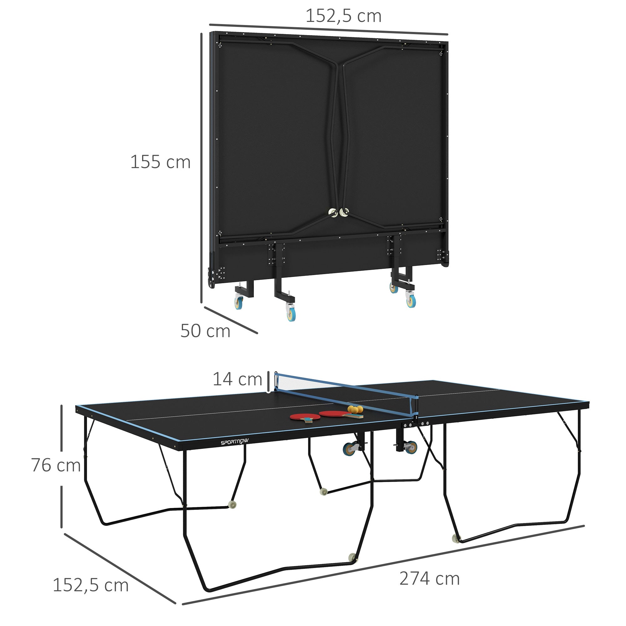 Outdoor Tischtennistisch, klappbar, mit Netz und Rollen, Stahl Schwarz