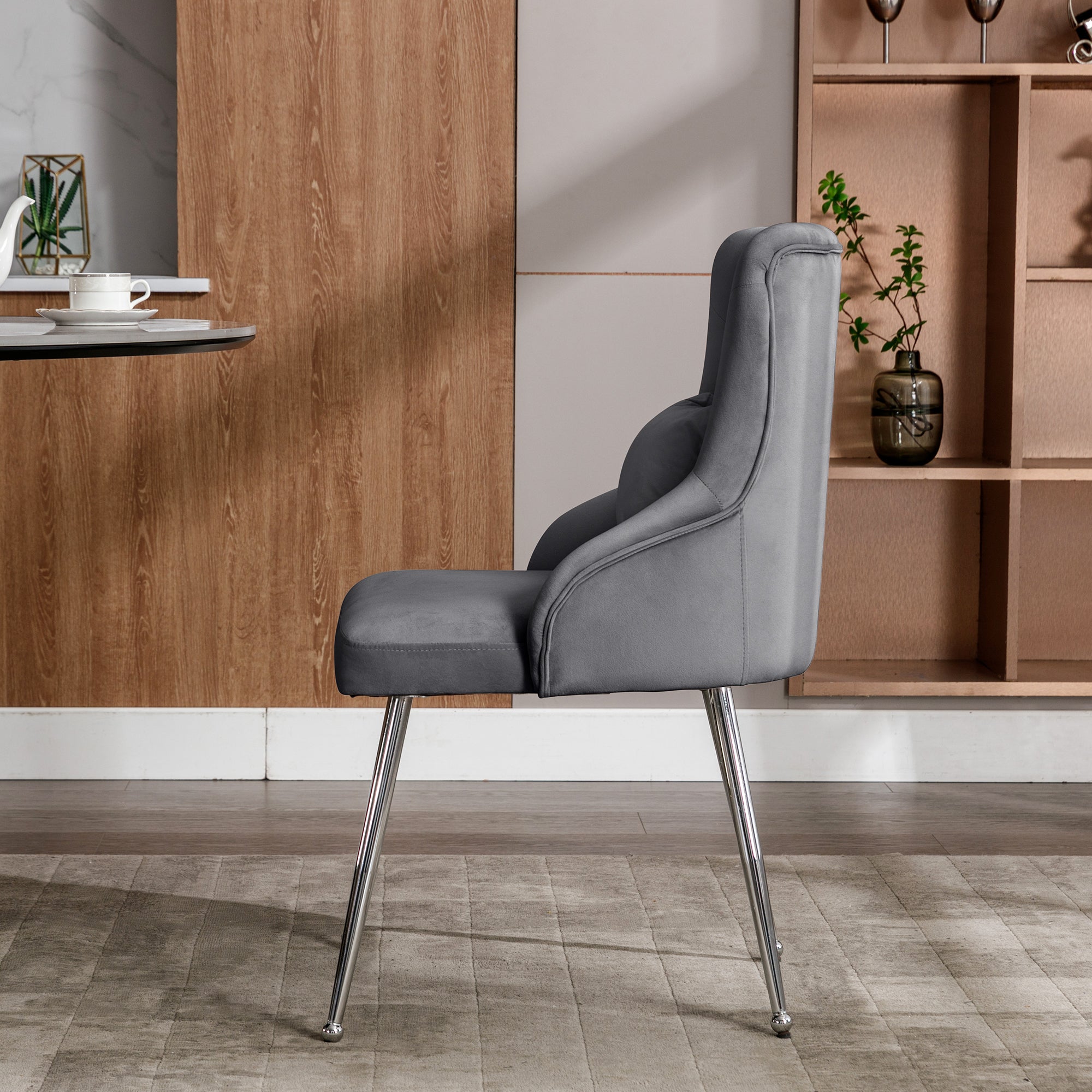 Button Pattern Dining Chair, Upholstered Armchair with Metal Legs, Modern Lounge Chair, Grey