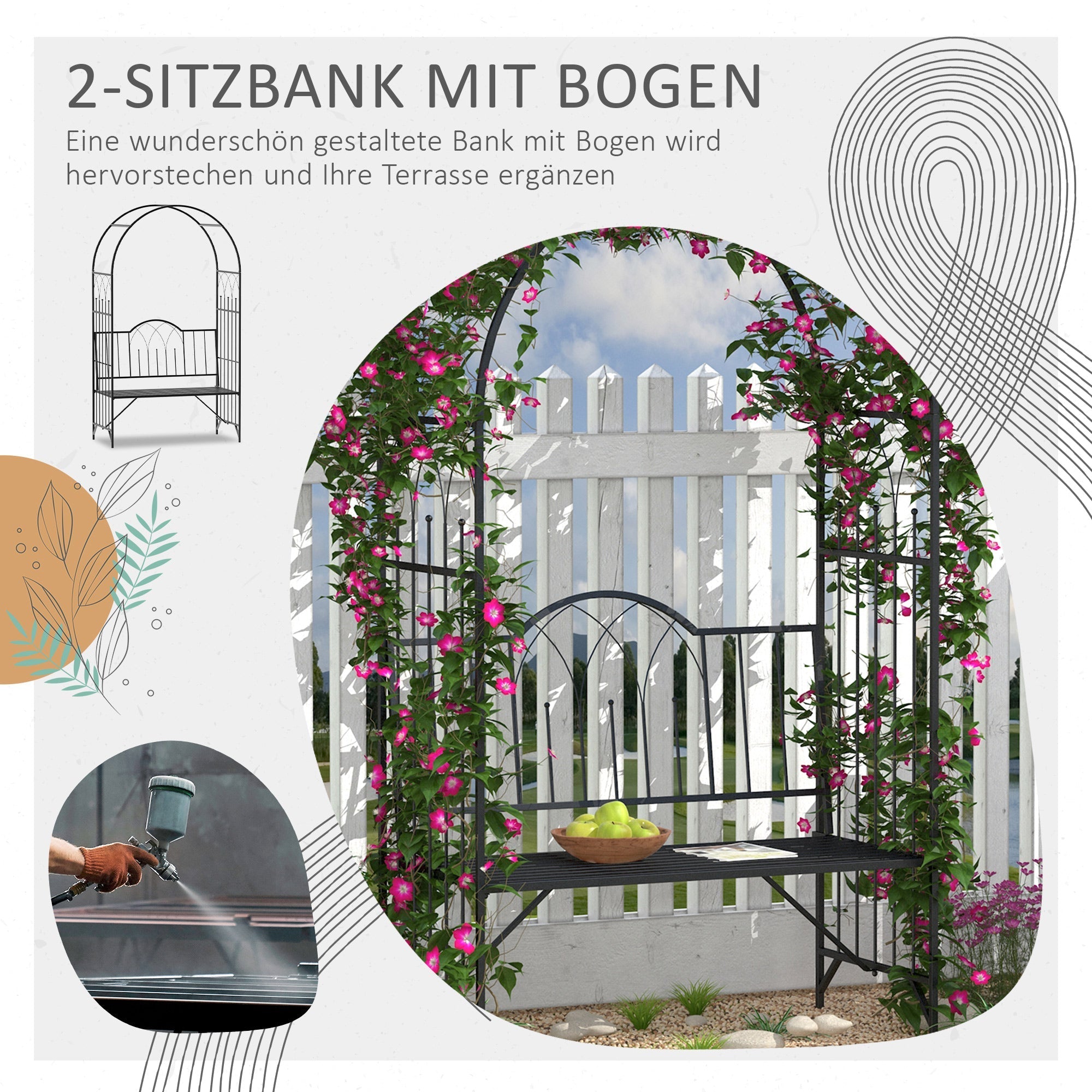 Rosenbogen mit Sitzbank, Rankhilfe für Kletterpflanzen, Metall Schwarz