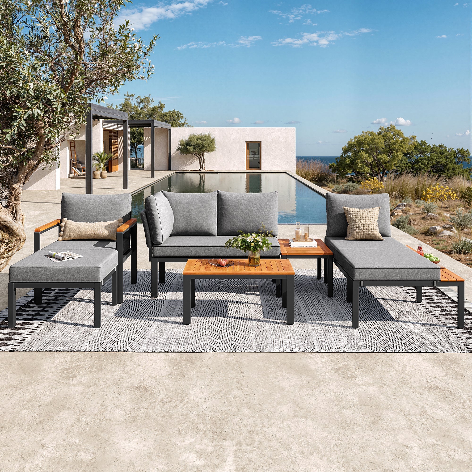 Modular Outdoor Seating Set with Metal Frame and Wooden Tables, Grey