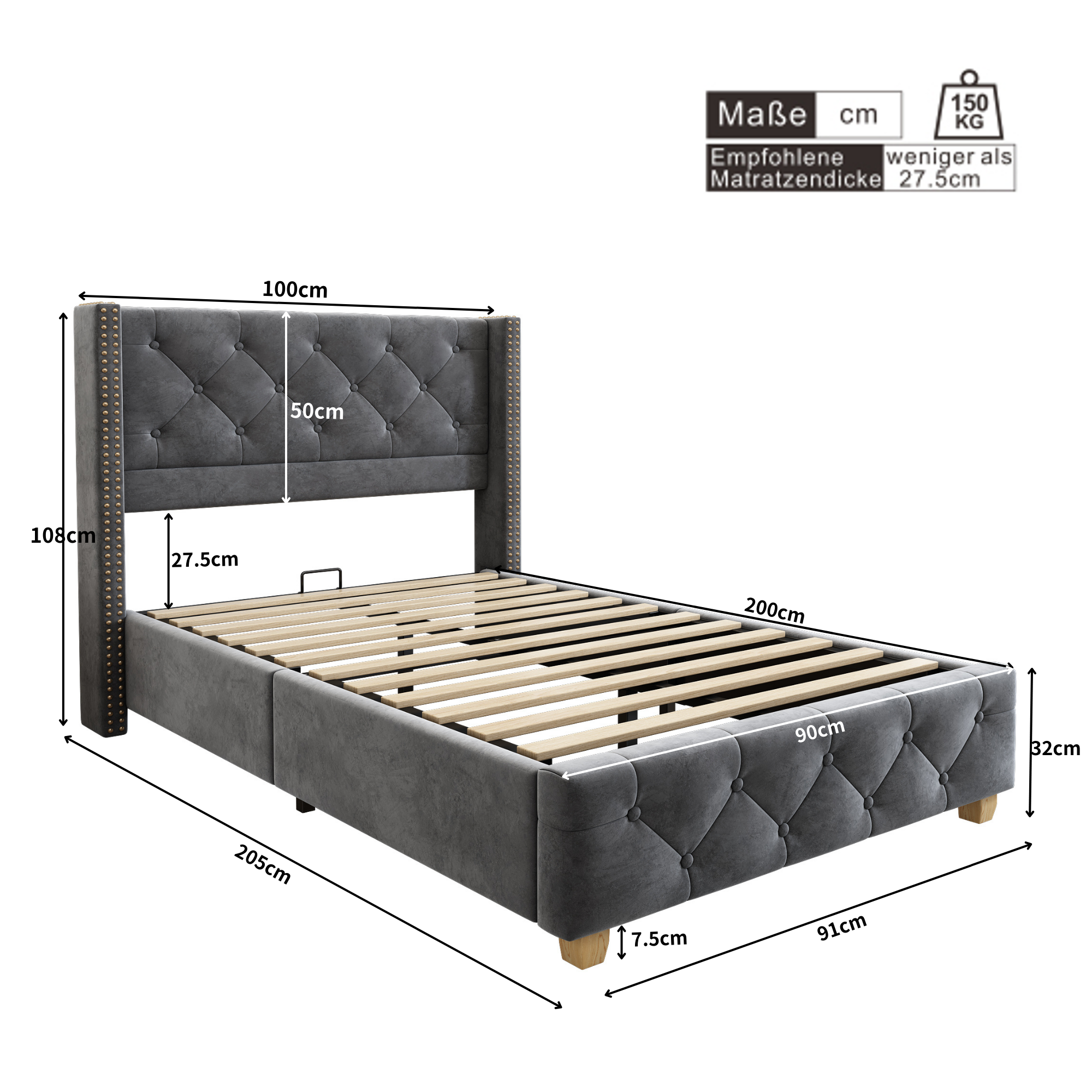Upholstered Bed 90x200cm Headboard Button Studded Wooden Legs - Velvet Grey
