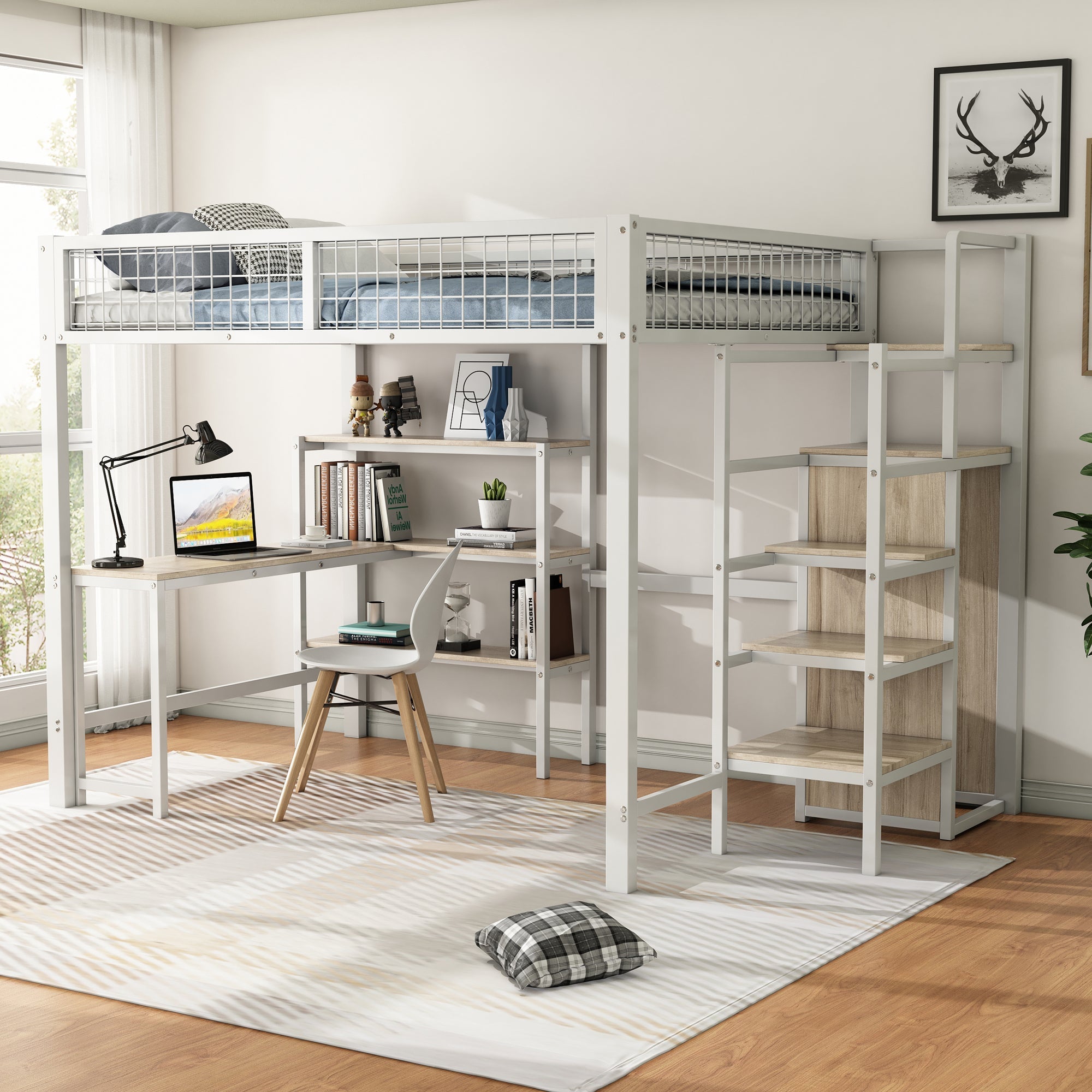Loft Bed 140x200cm Iron Frame with Storage Ladder Shelves Wardrobe Desk White
