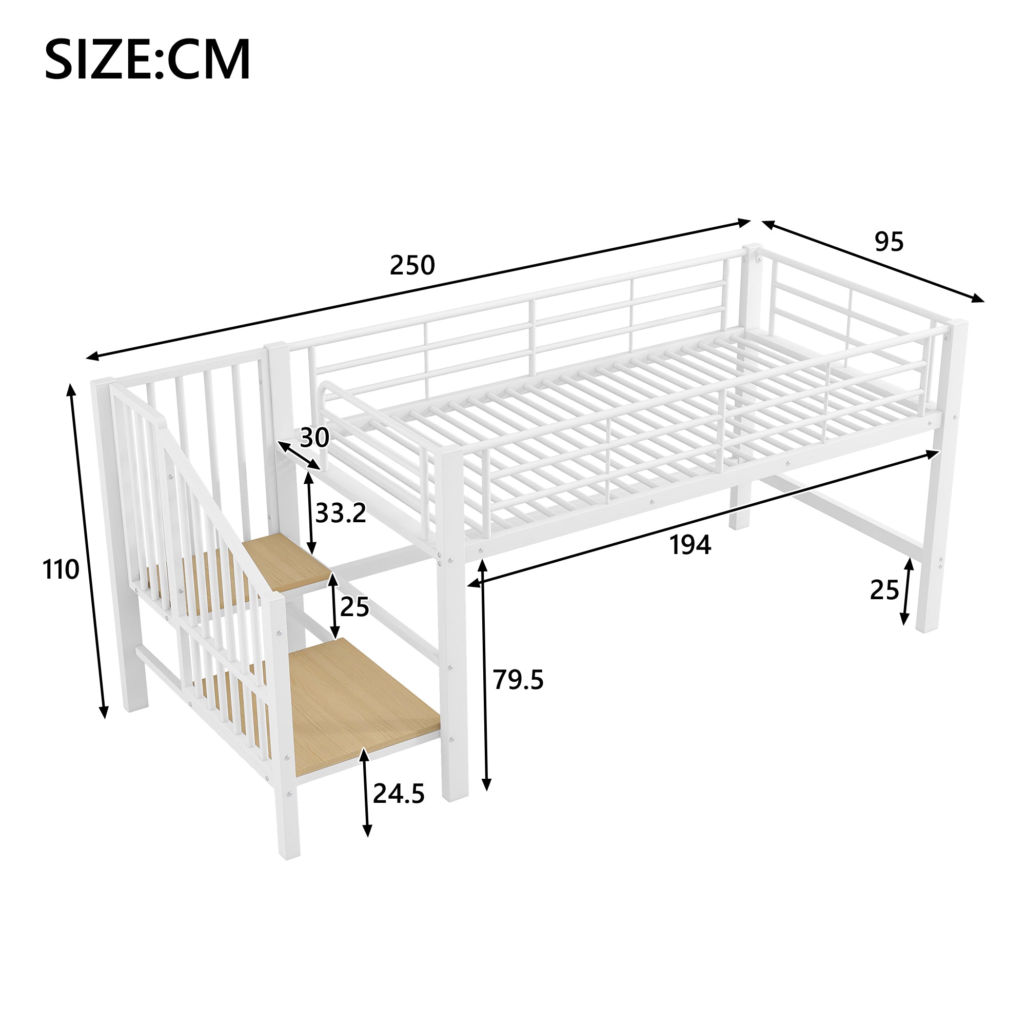 Semi-high Loft Bed 90x200 with Storage Stairs, White