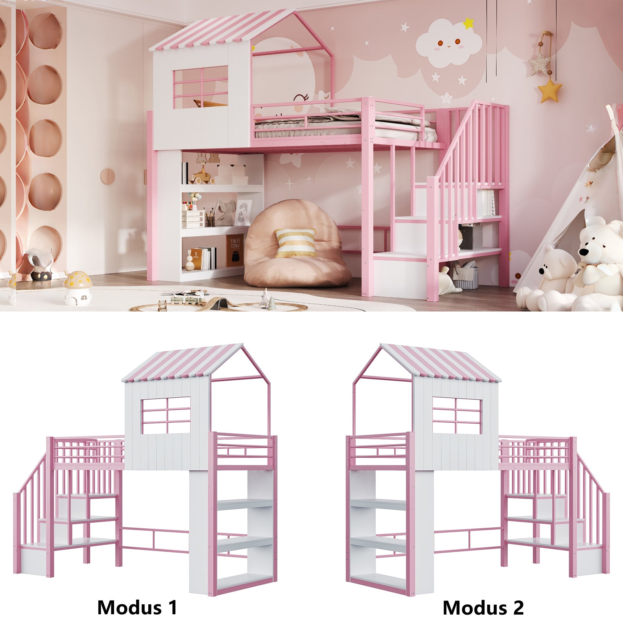 Iron Loft Bed with House Design, Storage Shelf and Safety Rail, 90x200cm, Pink Iron