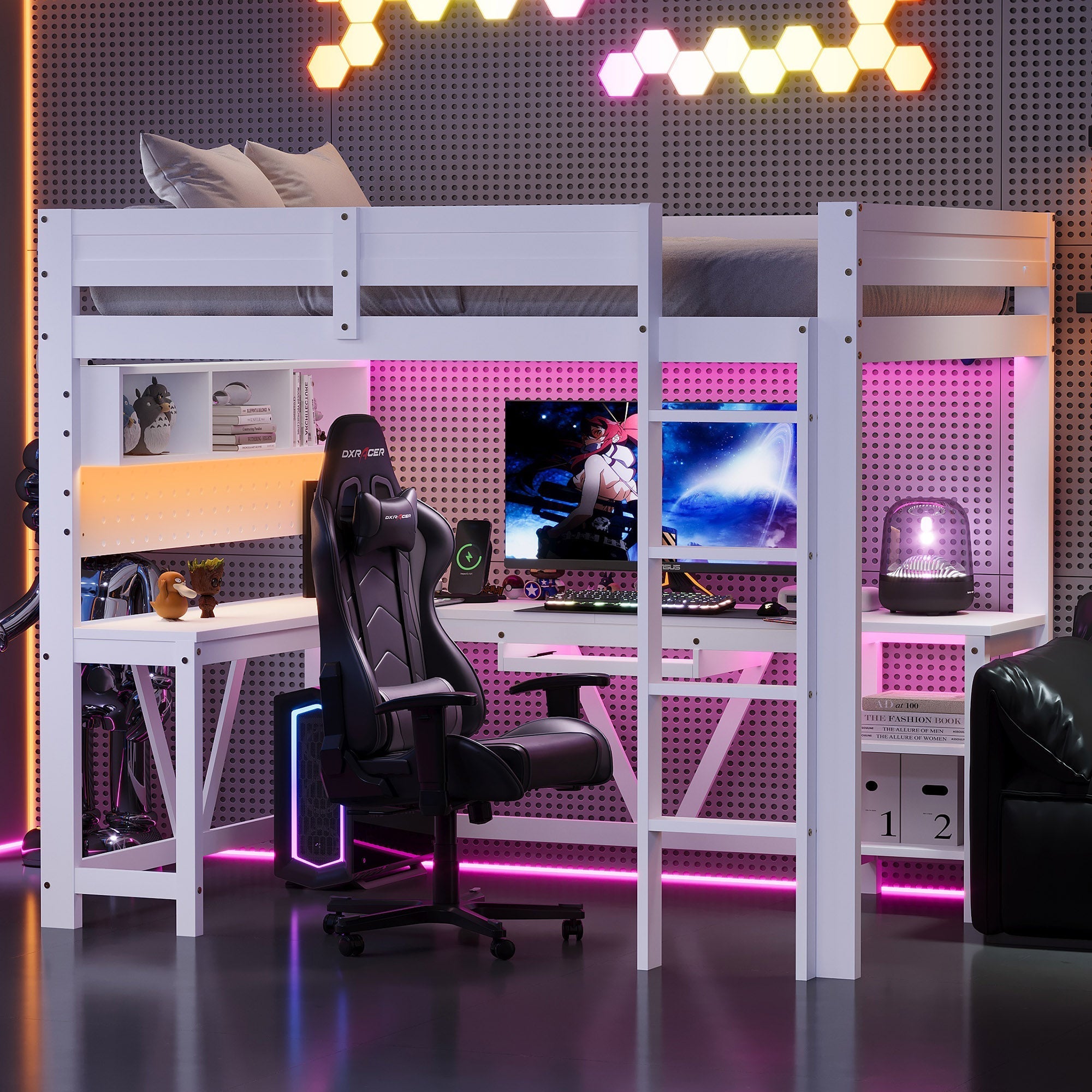 Gaming Loft Bed with Desk, LED Lighting and Charging Station, White Wood
