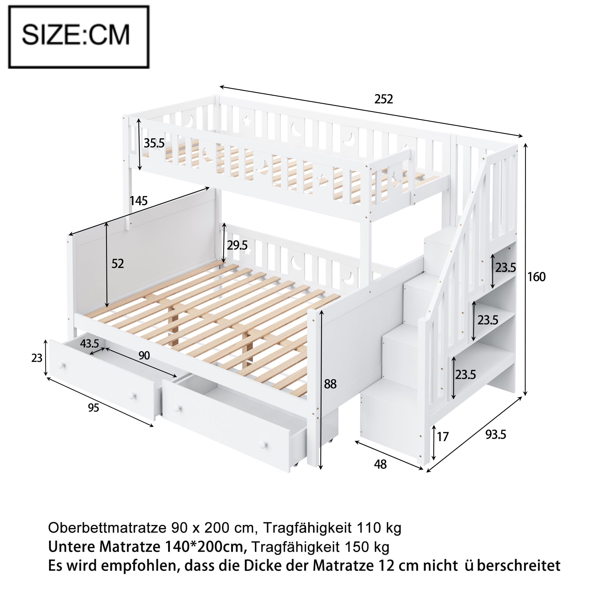 Solid Pine Children’s Multifunctional Bunk Bed with Storage, White