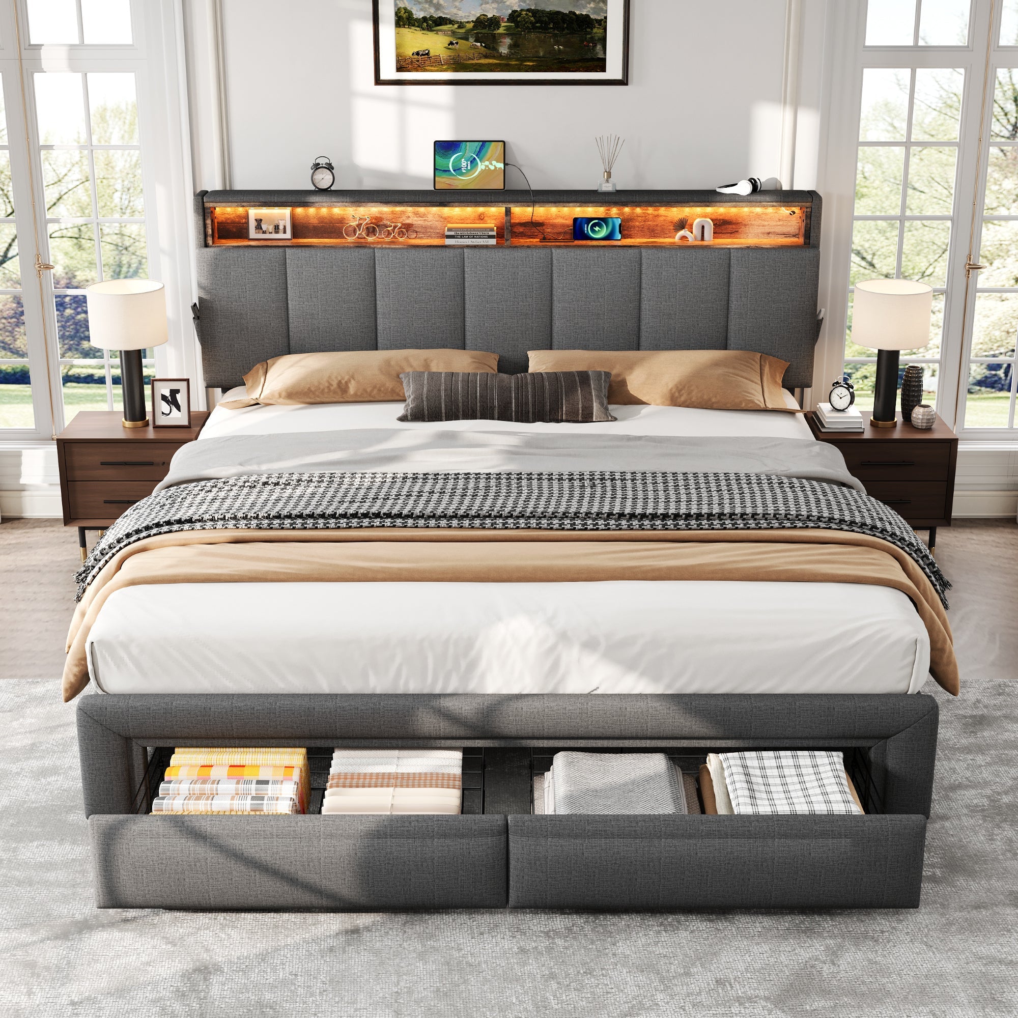 King Upholstered Bed Frame Hydraulic & Drawers Storage, LED Adjustable Headboard, Linen Grey