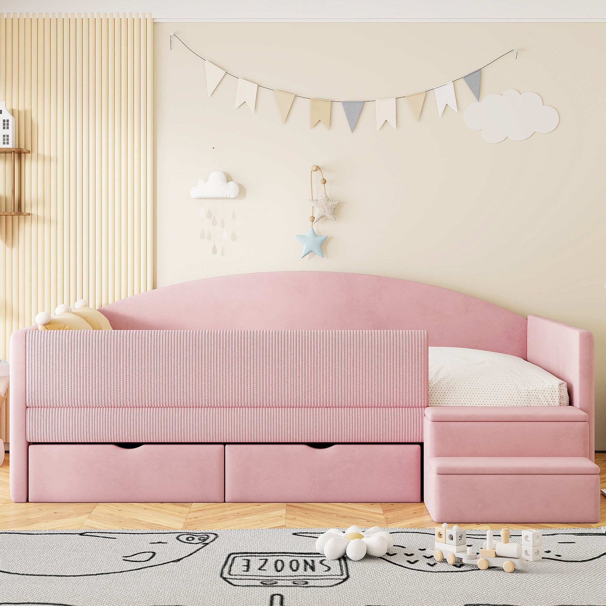 Upholstered Sofa Bed with Two Drawers, Railings and Steps, 90x190cm, Pink Velvet