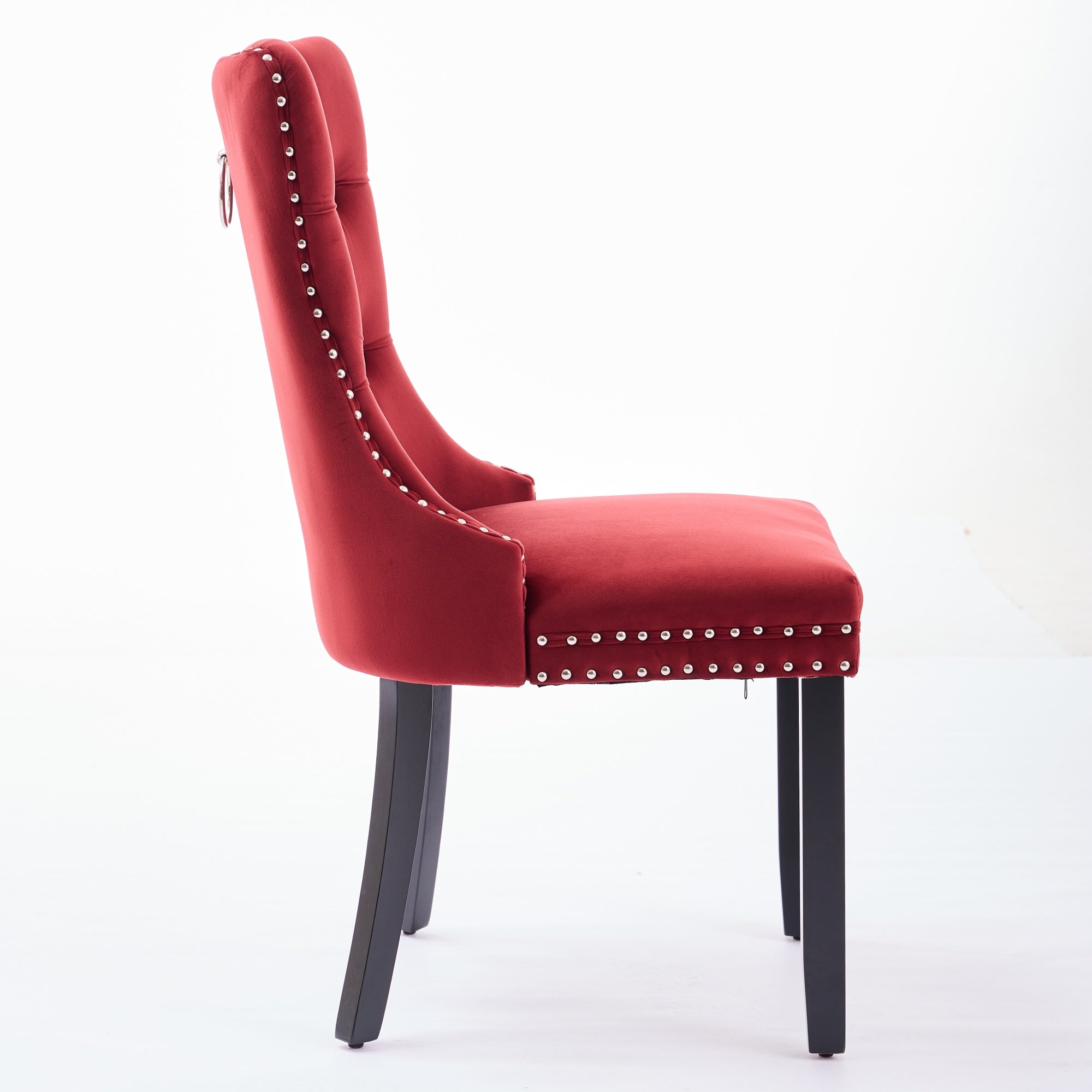 Classic Velvet Dining Chairs Tufted Solid Wood Legs Nailhead - Set of 2 Burgundy
