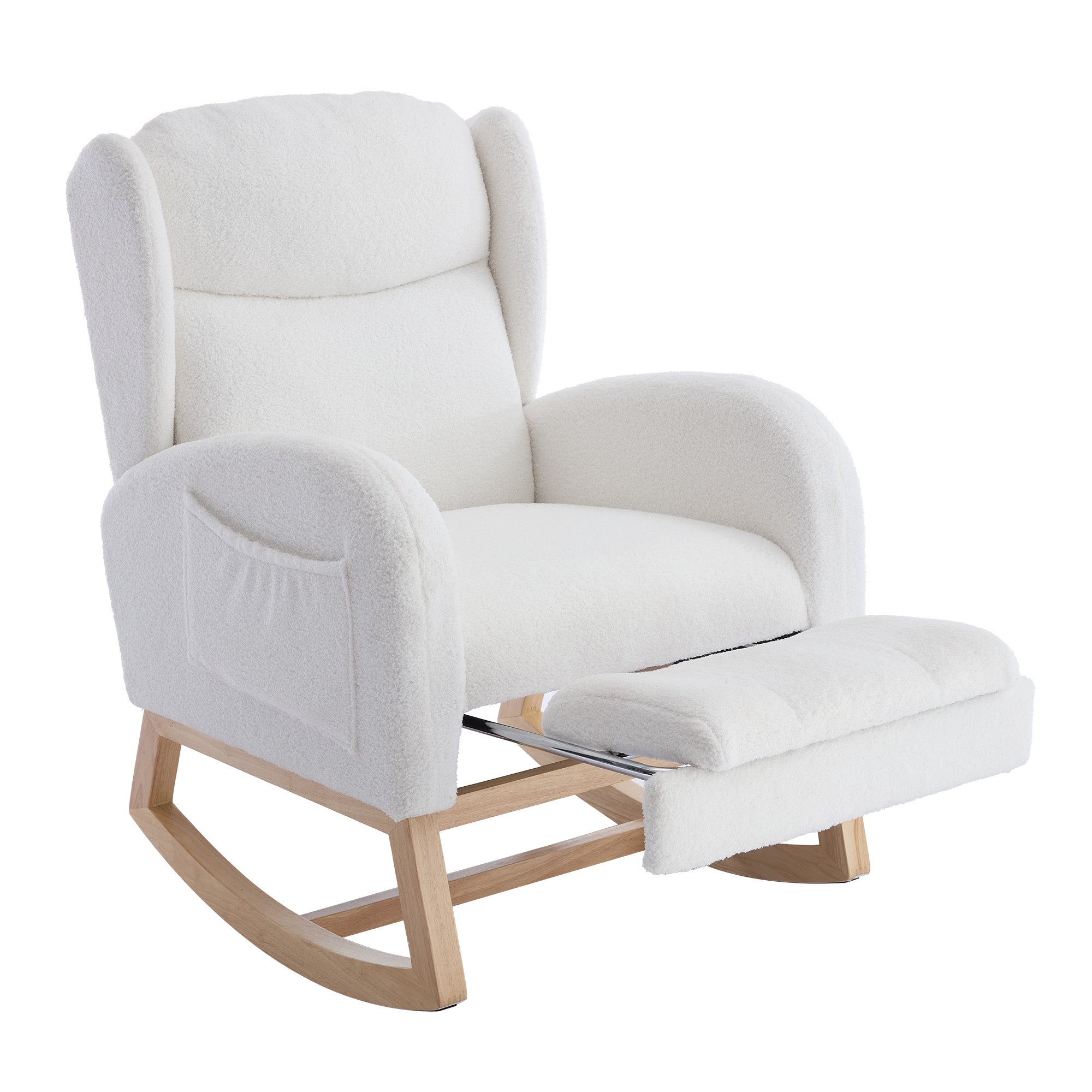 049B Rocking Chair, Nursing Lounge Chair with Adjustable Footrest, Teddy Fabric White