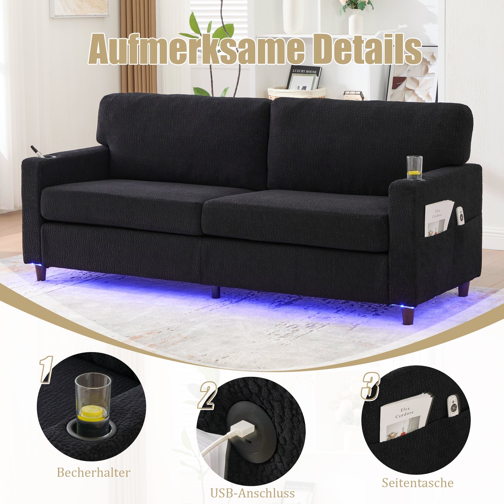 Modern 2-Seater Sofa USB-C LED Cup Holders Side Pockets - Black Chenille