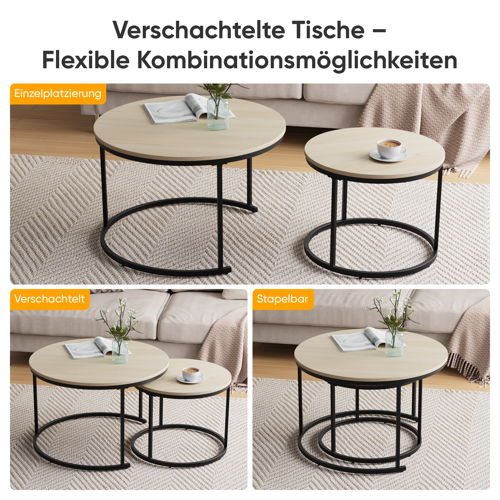Nesting Coffee Table Set, Two-Piece Round 70cm Diameter with Metal Frame, Oak Wood Veneer
