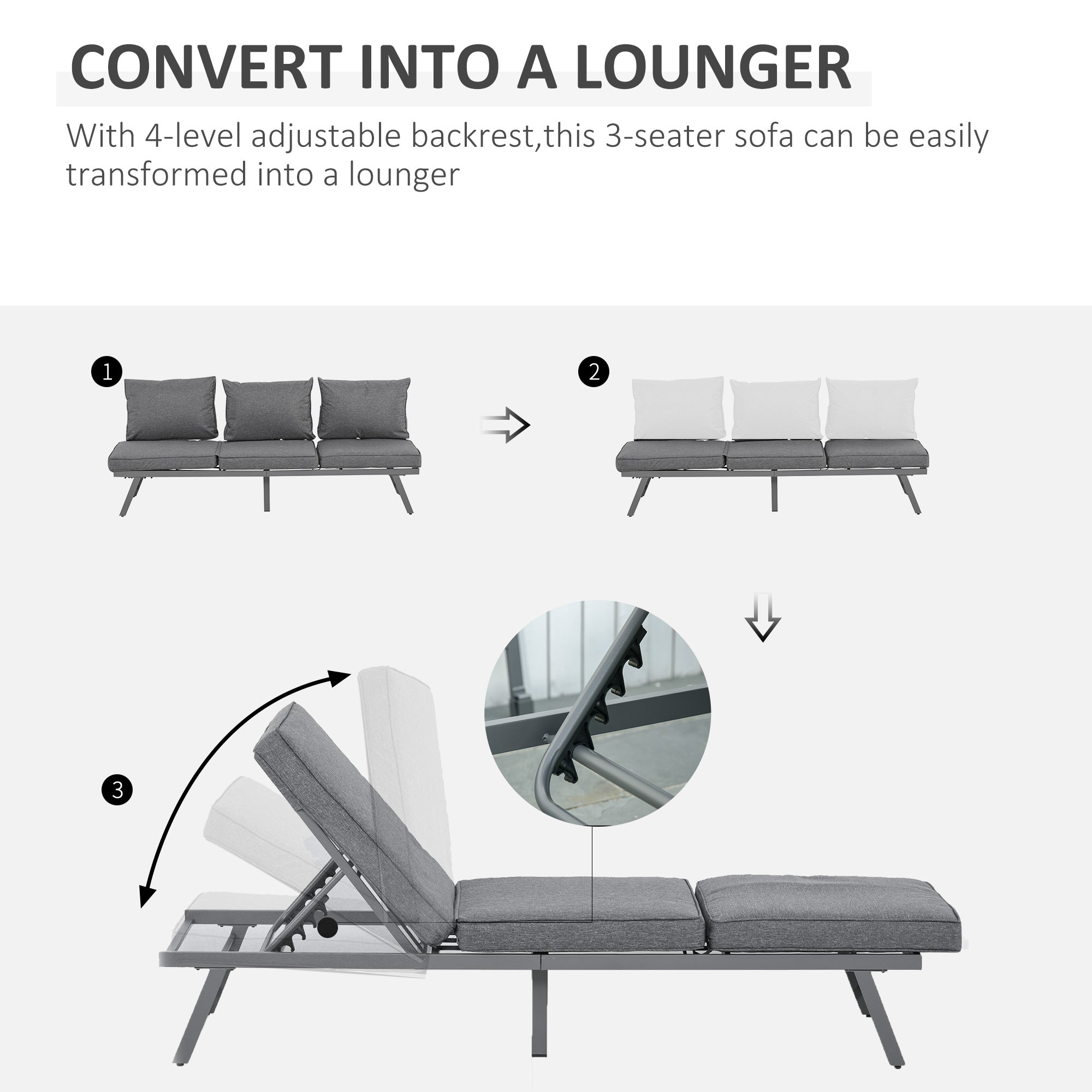 3 Pcs Garden Seating Set Convertible Sofa Lounge Table Padded Cushions Grey