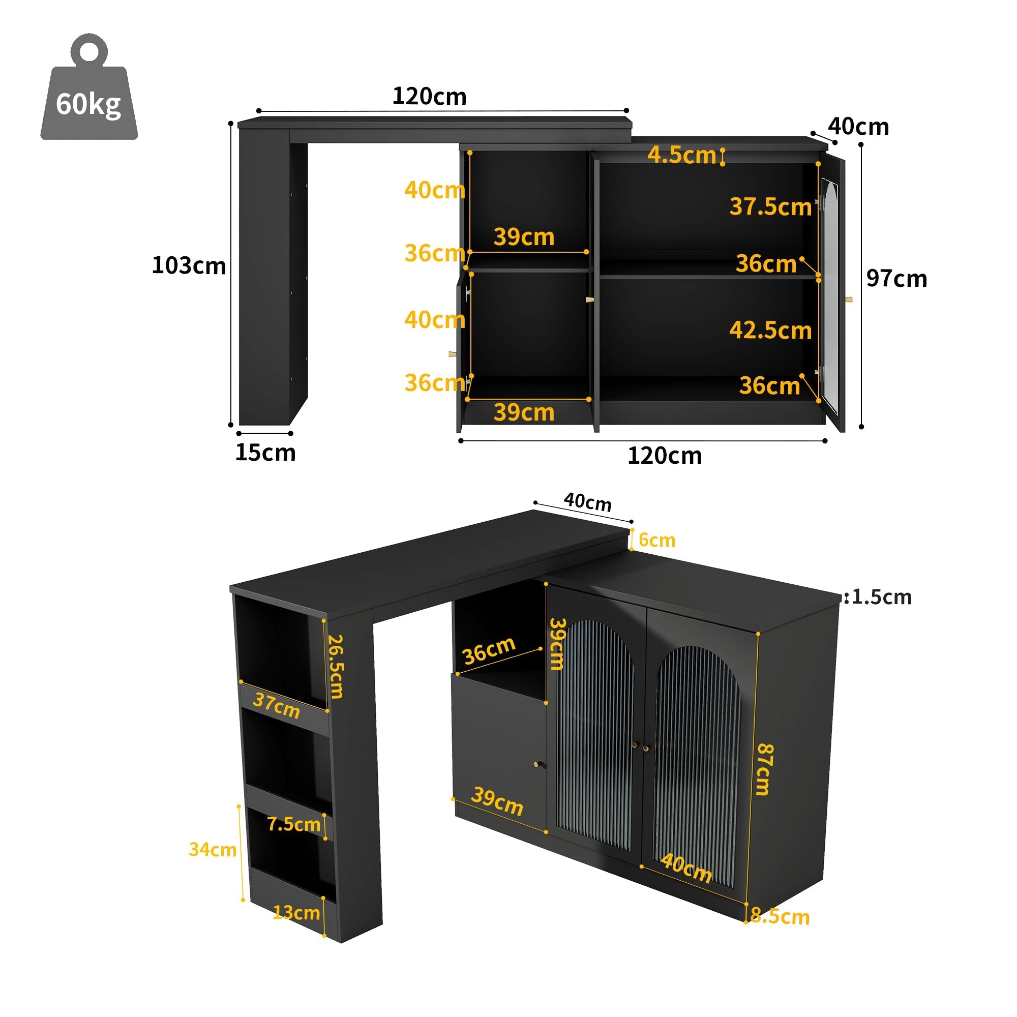 360° Rotating Bar Table with Dining & Bar Cabinet, Multifunctional Storage & Glass Door, Black