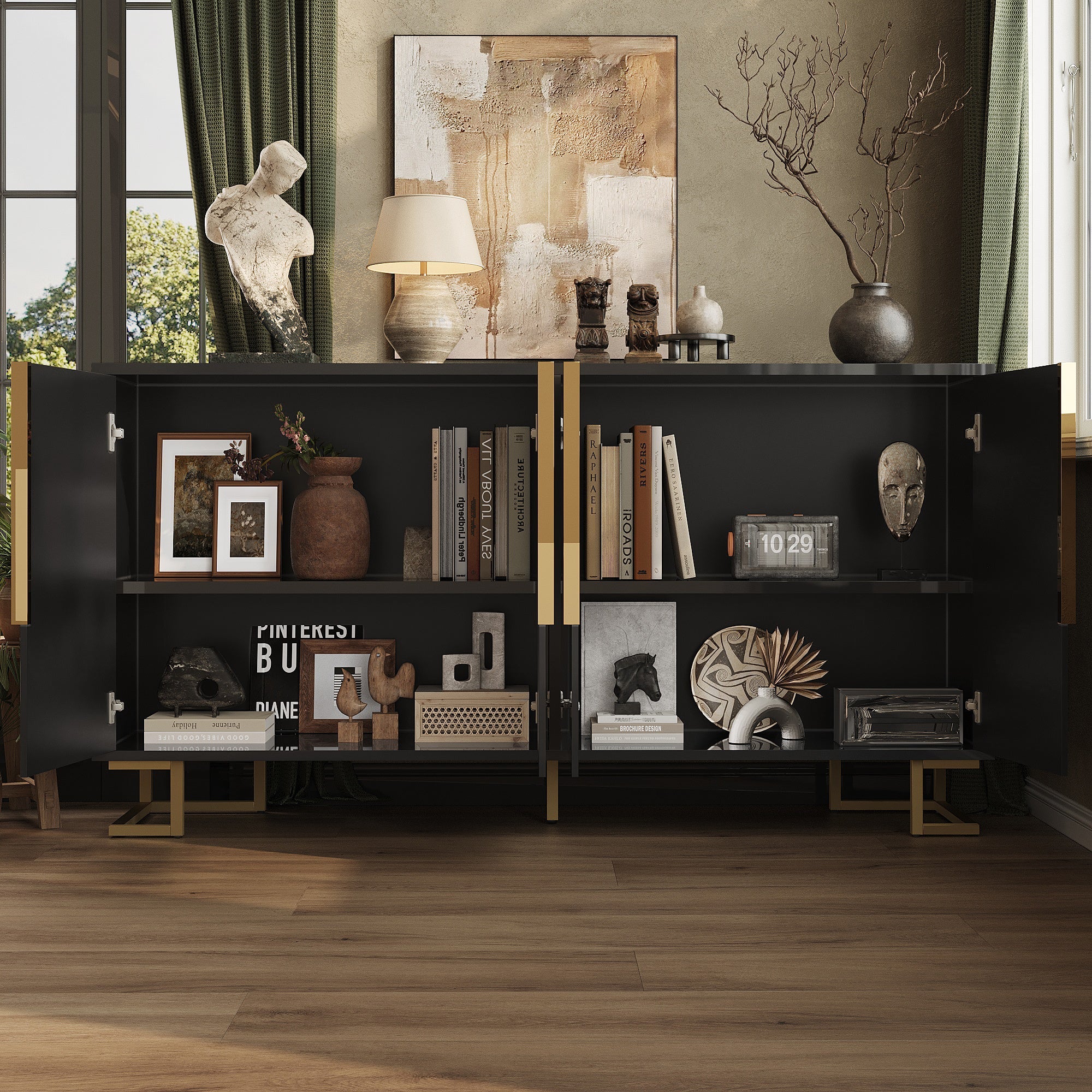 Sideboard with Geometric Design and Gold Accents, 152 x 40 x 75 cm, Black