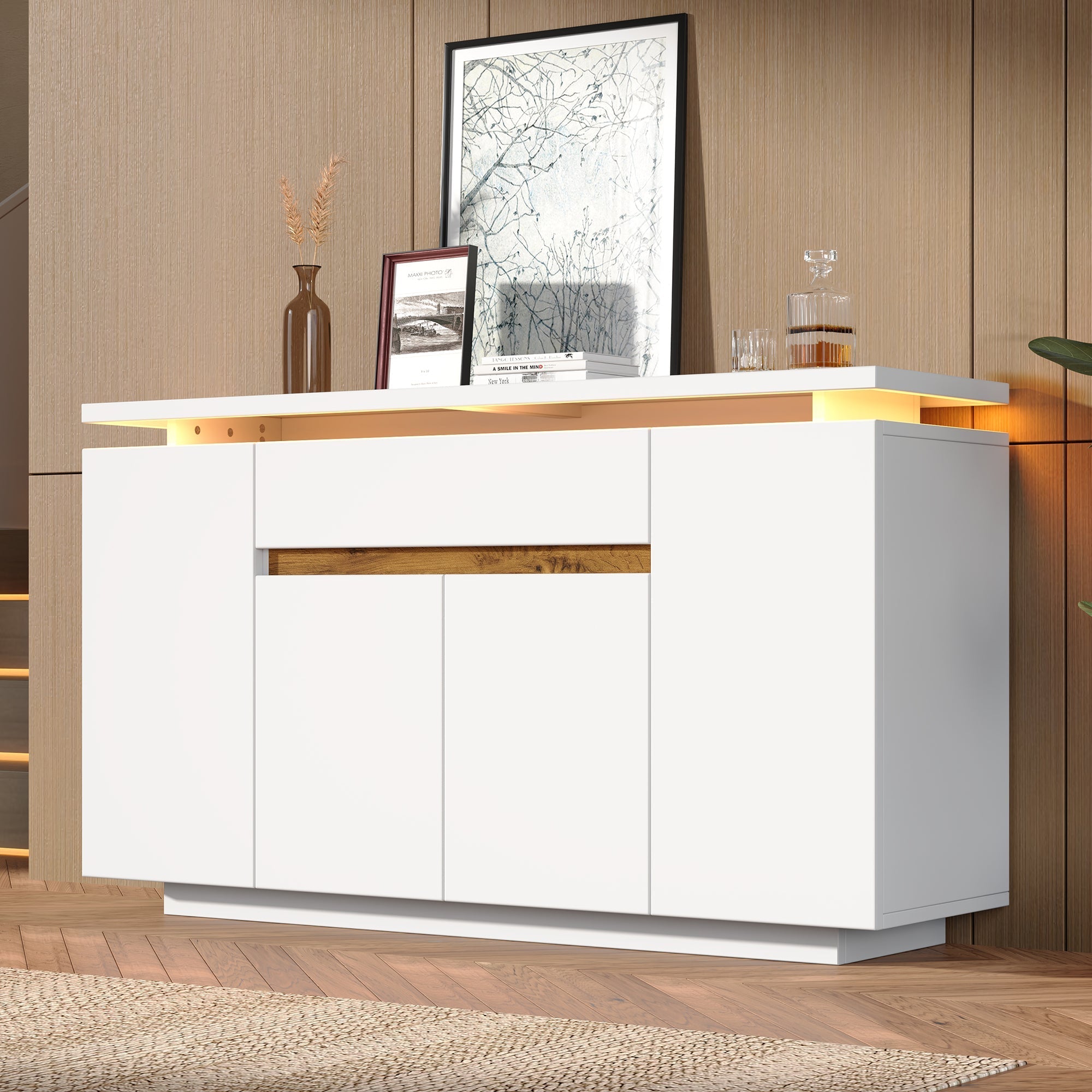 Sideboard Chest of Drawers LED Lighting 1 Drawer 4 Door Storage White