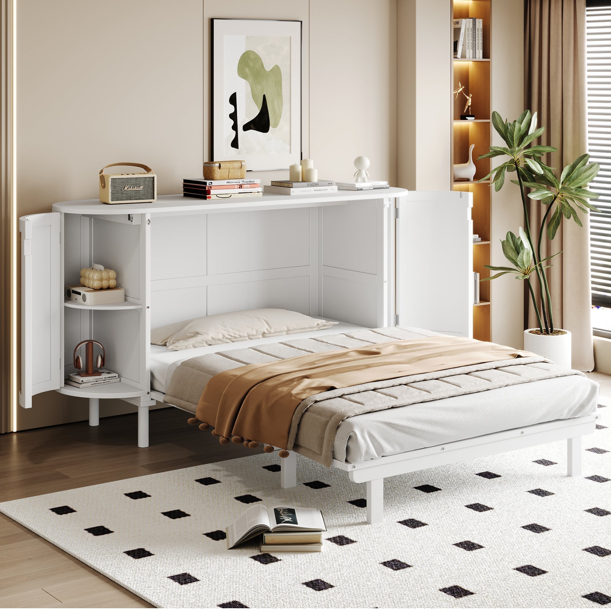 Wall Bed 140x200cm Vertical Folding Rattan Design Storage - White