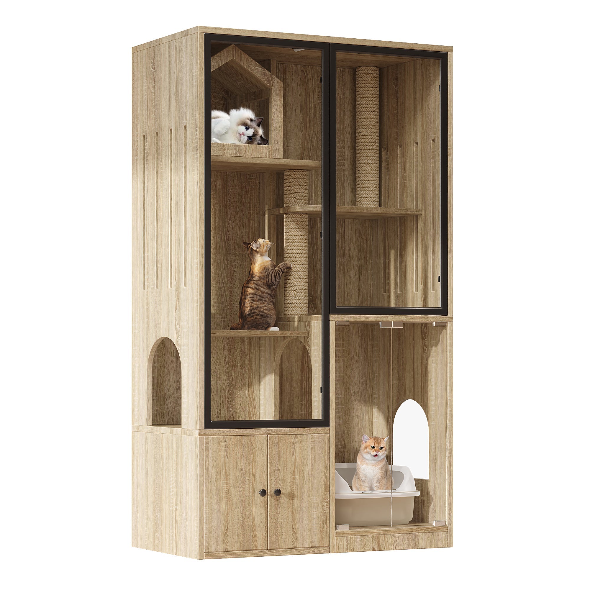 4-Story Glass Cat House Cage Winterproof 90x50x160cm - Natural Wood Color