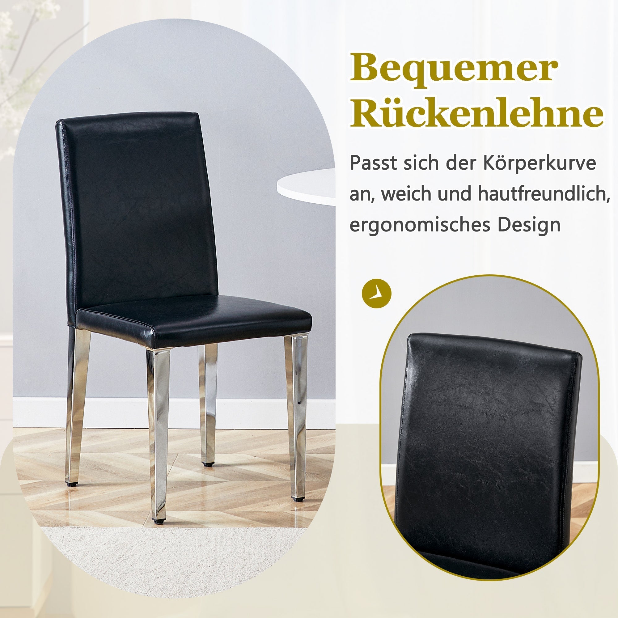 Minimalist Dining Chairs Set of 4, Modern Ergonomic Design with Metal Legs, Black PU Leather and Silver