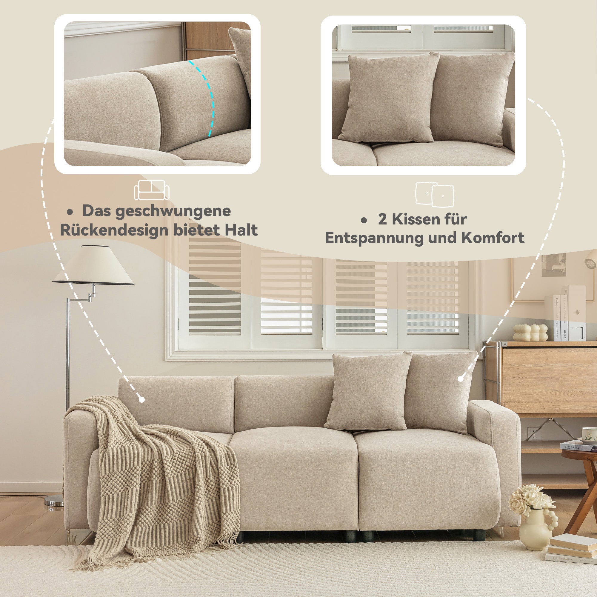 Sofa, 3-Seater Modern Upholstered with Decorative Cushions