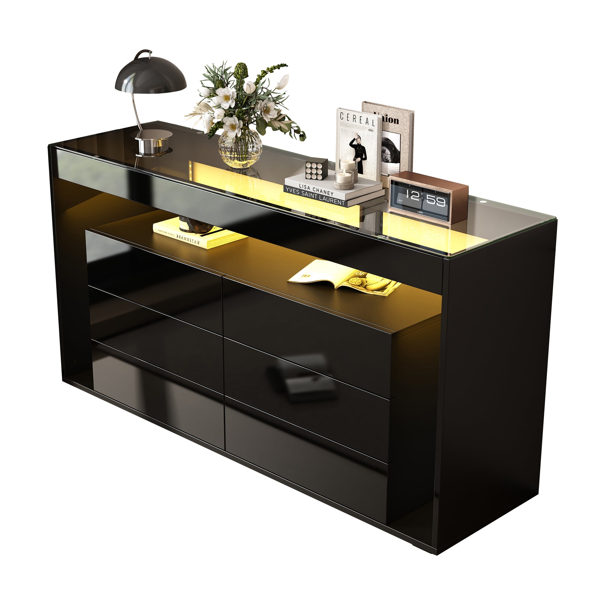 Sideboard, 6-Drawer LED High-Gloss with Tempered Glass Top, Black