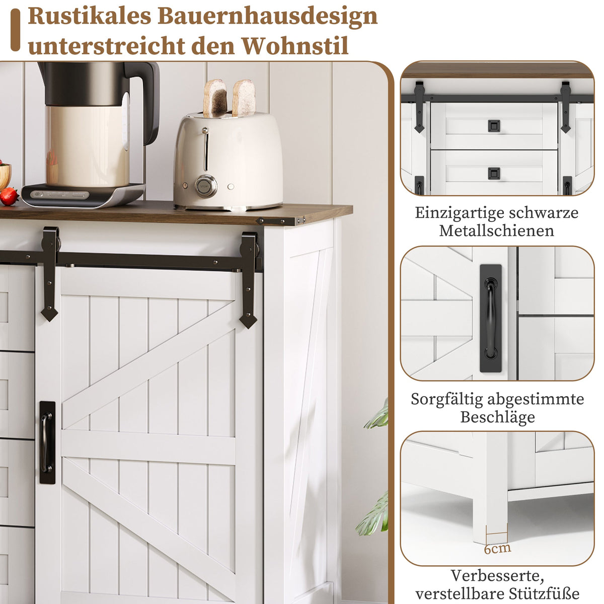 Sideboard 137cm Sliding Doors 4 Drawers Vintage Storage - White