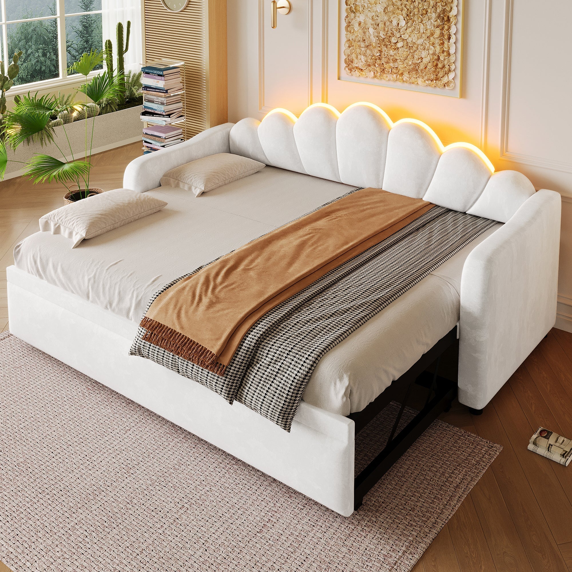 Upholstered Daybed with Pull-out Function and LED Lighting, 90x200cm, White