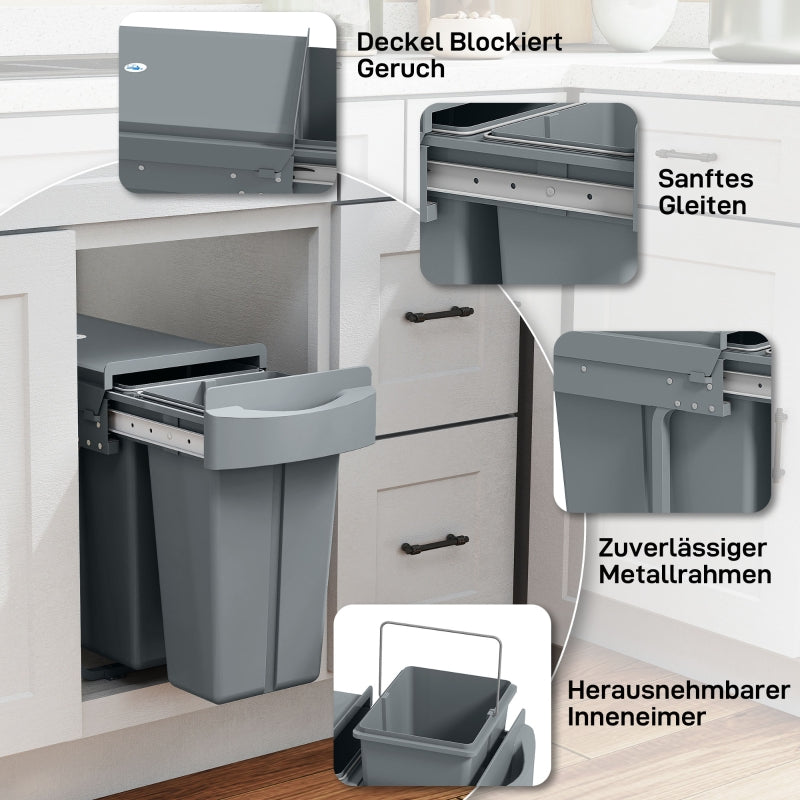 Extendable Waste Bin 30L with 2 Removable Buckets - Grey Metal