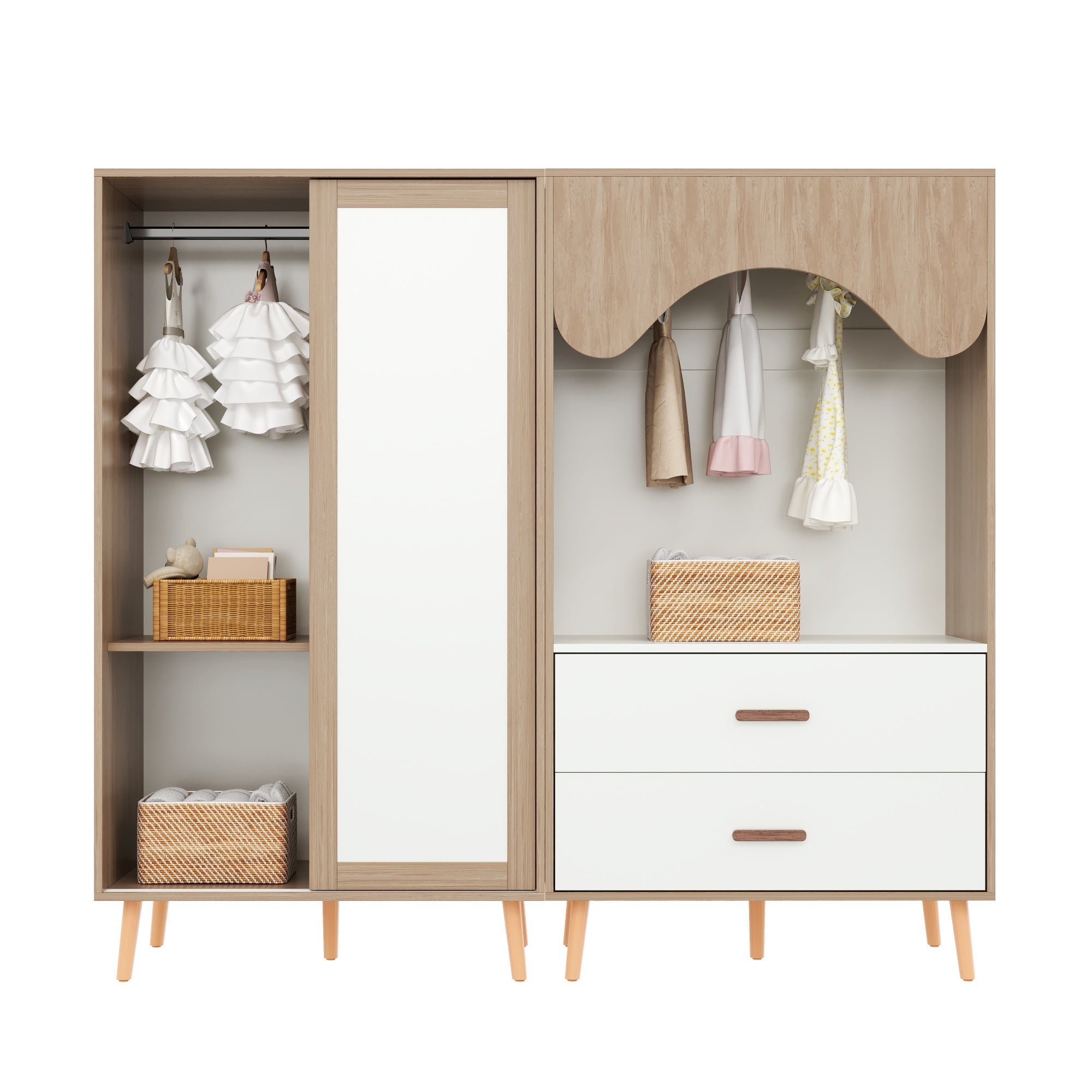 Children's Wardrobe, Sliding Door + Open Combination, 141.5cm, White + Natural Wood